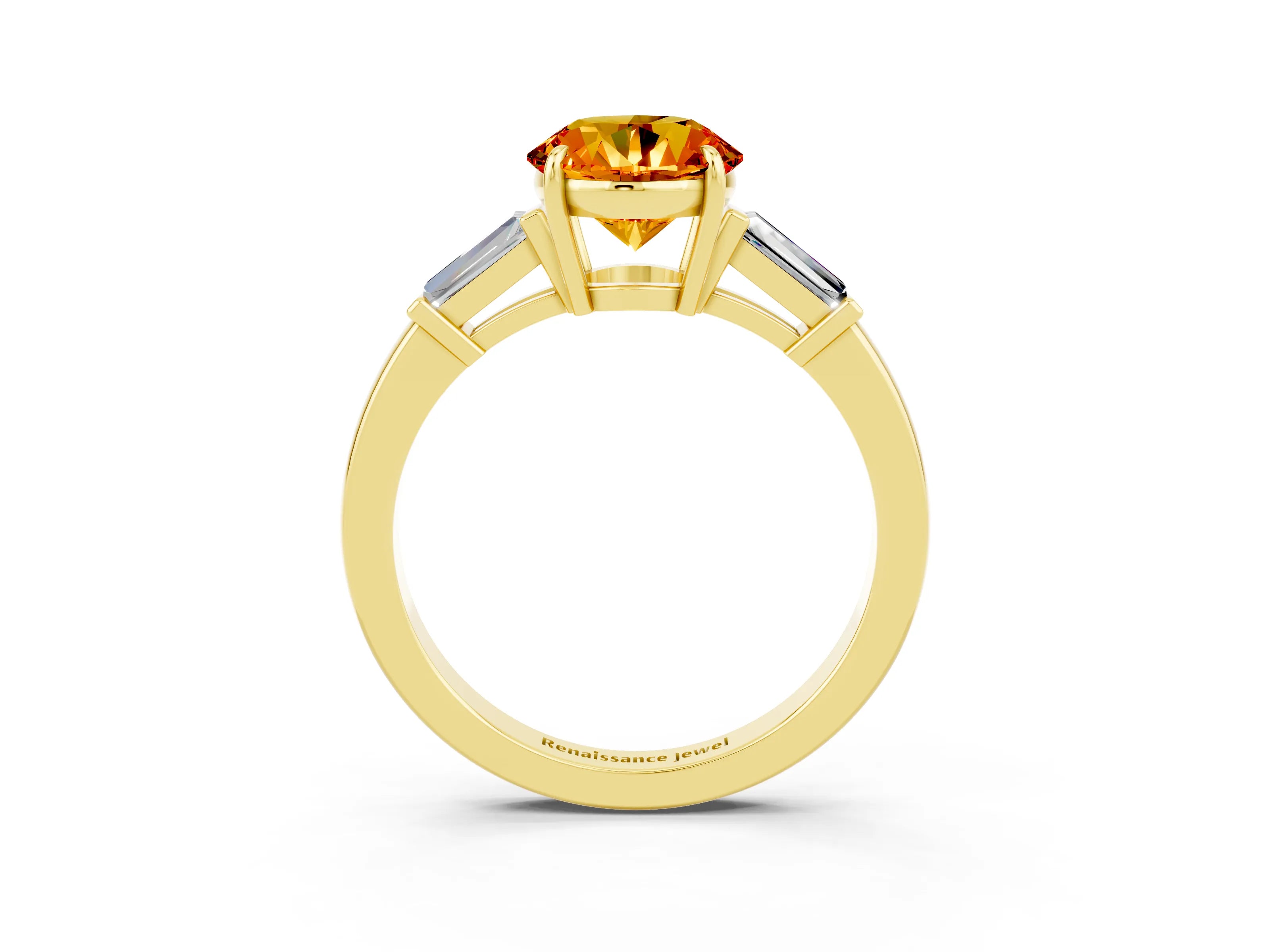 Yellow gold Round Cut Cut Diamond Ring with Tapered Baguette Side Stones in Four-Prong Setting_3