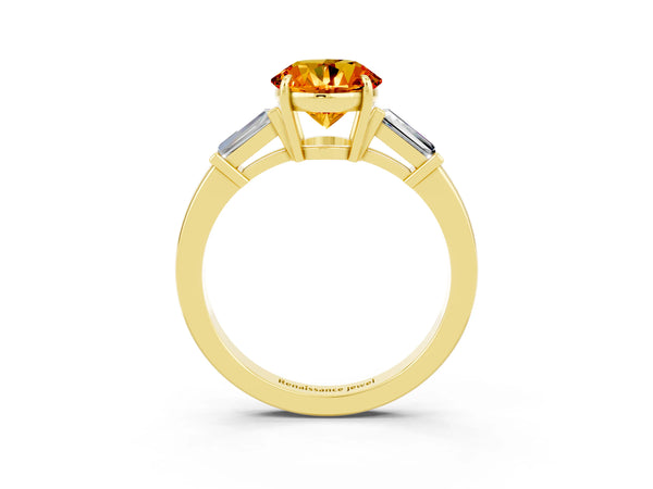 Yellow gold Round Cut Citrine Three-Stone Ring with Tapered Baguette Side Stones and Prong Setting