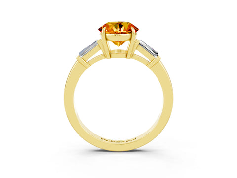 Yellow gold Round Cut Cut Diamond Ring with Tapered Baguette Side Stones in Four-Prong Setting_3