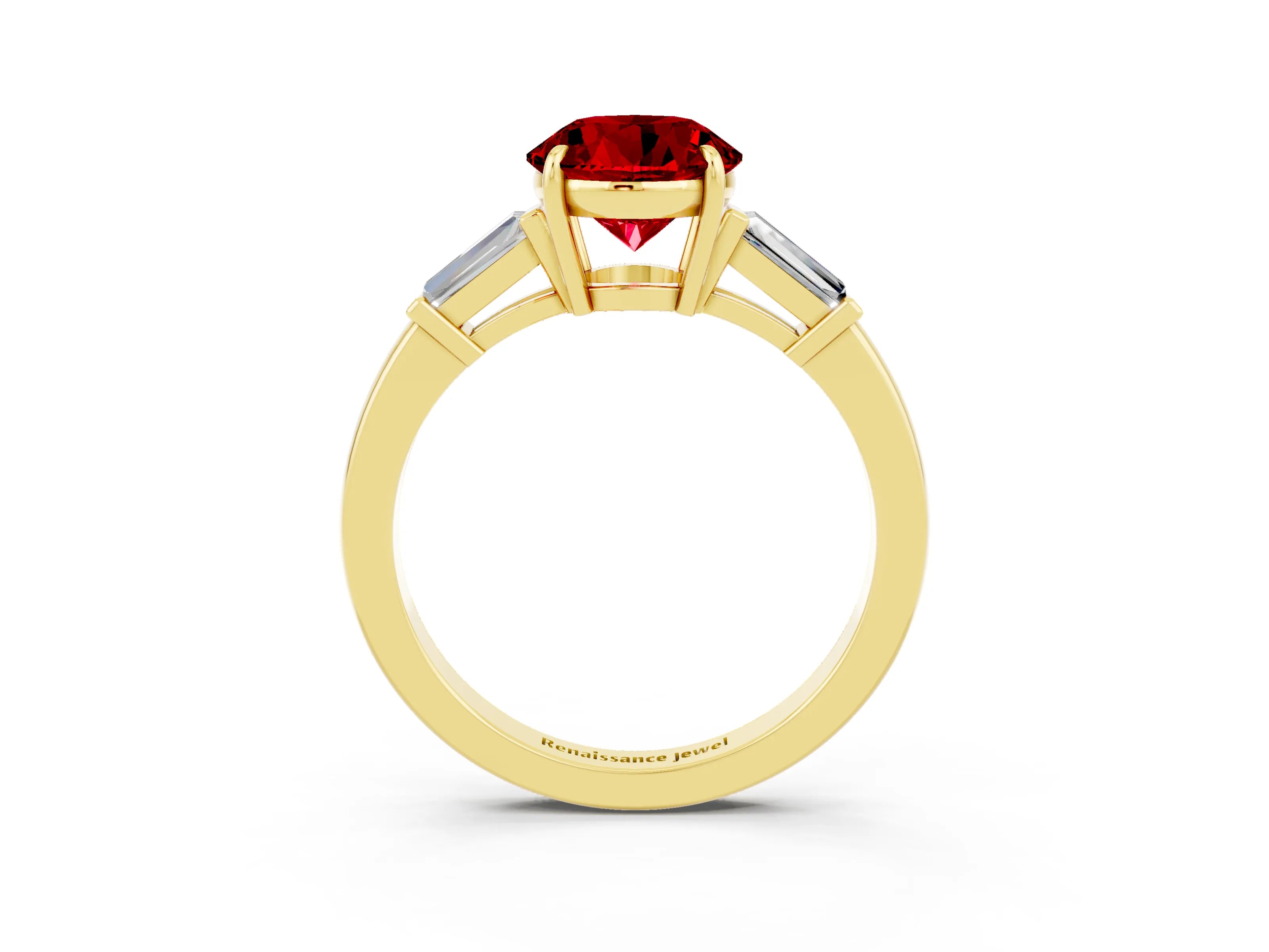 Yellow gold Round Cut Cut Diamond Ring with Tapered Baguette Side Stones in Four-Prong Setting_3