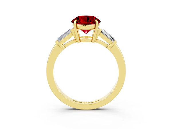 Yellow gold Round Cut Cut Diamond Ring with Tapered Baguette Side Stones in Four-Prong Setting