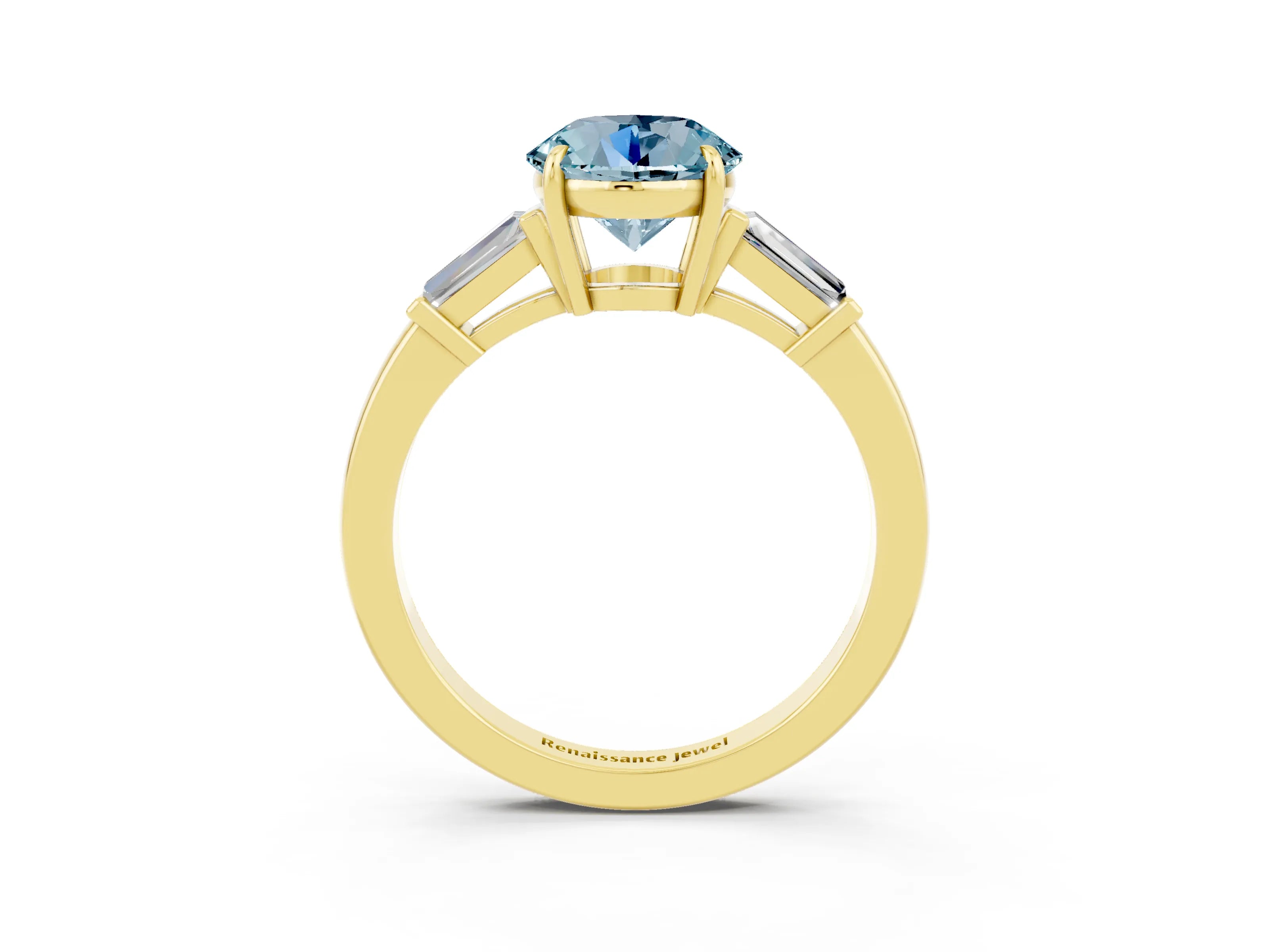 Yellow gold Round Cut Cut Diamond Ring with Tapered Baguette Side Stones in Four-Prong Setting_3