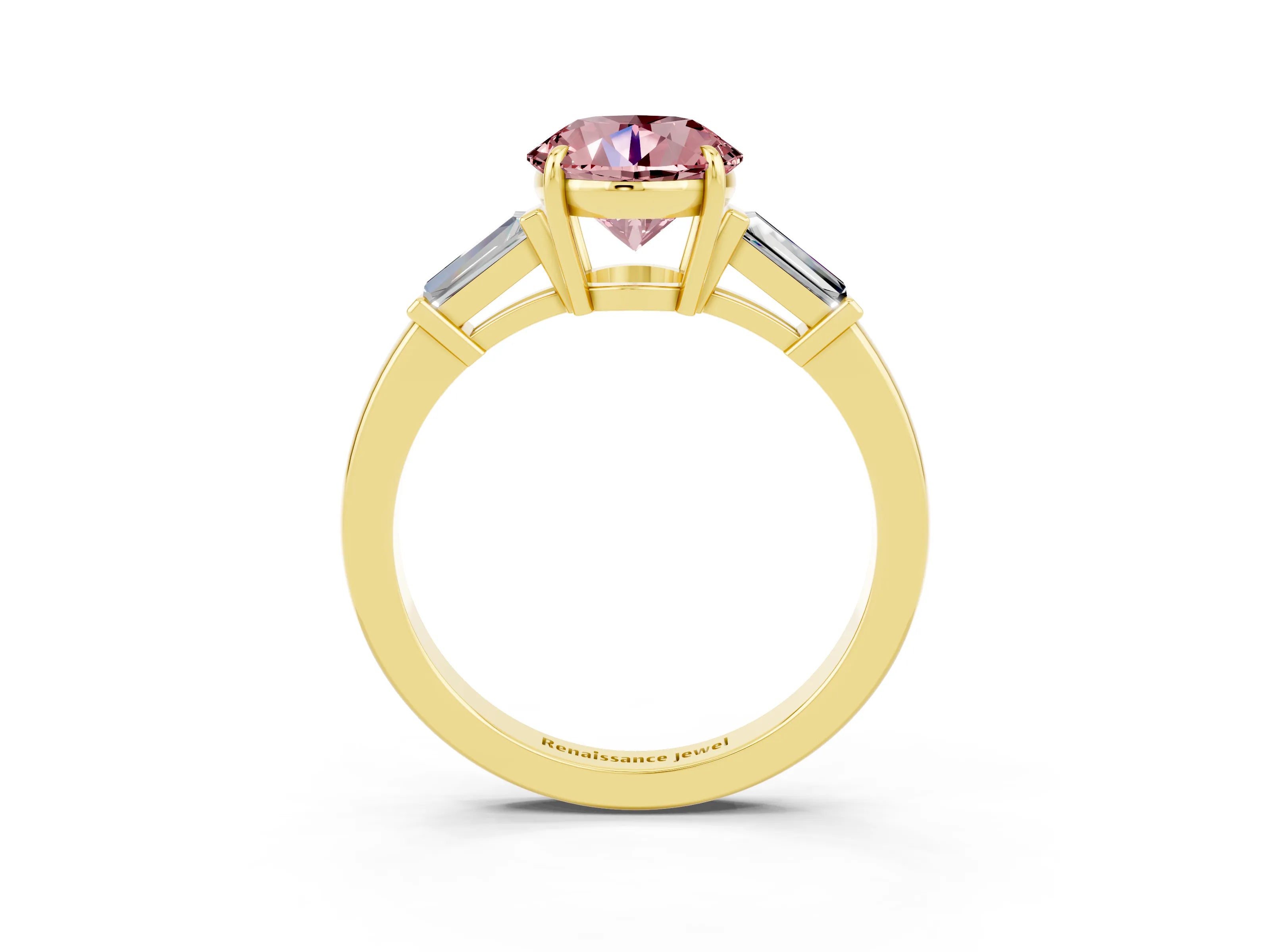 Yellow gold Round Cut Cut Diamond Ring with Tapered Baguette Side Stones in Four-Prong Setting_3