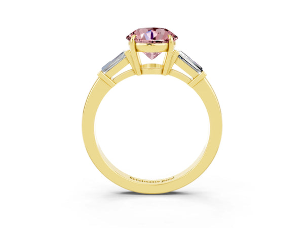 Yellow gold Round Cut Cut Diamond Ring with Tapered Baguette Side Stones in Four-Prong Setting