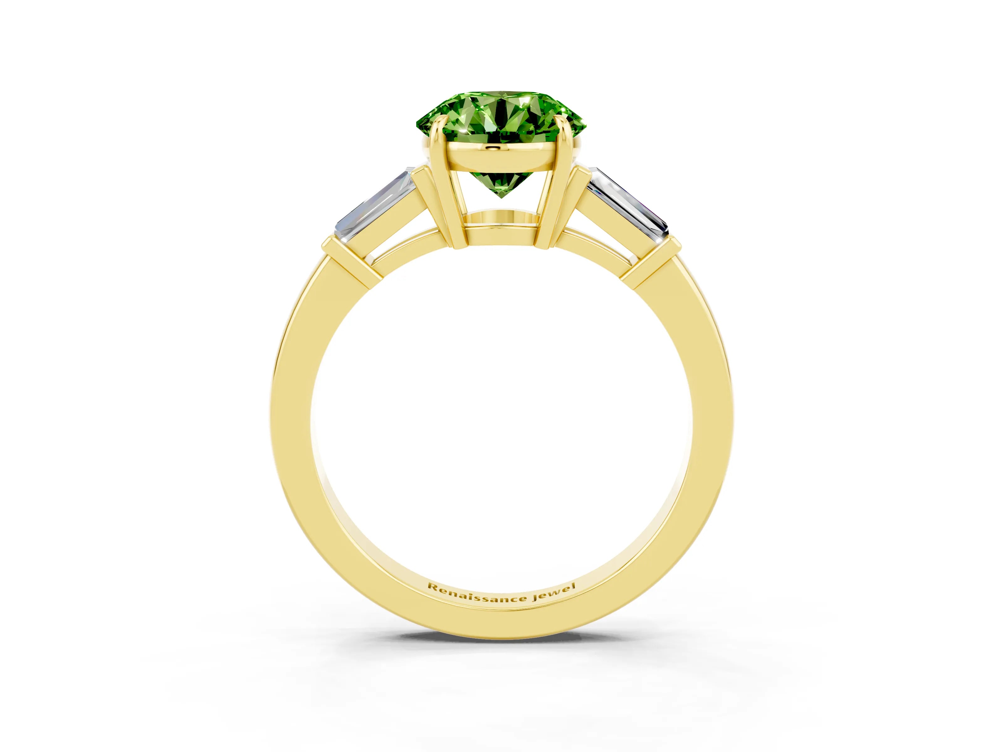 Yellow gold Round Cut Cut Diamond Ring with Tapered Baguette Side Stones in Four-Prong Setting_3