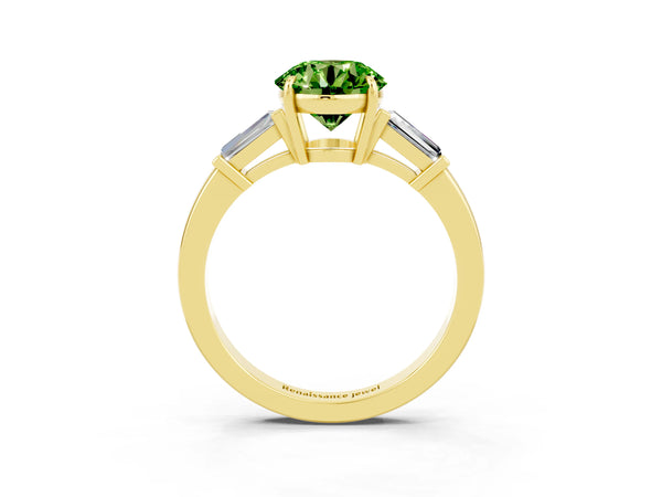 Yellow gold Round Cut Cut Diamond Ring with Tapered Baguette Side Stones in Four-Prong Setting