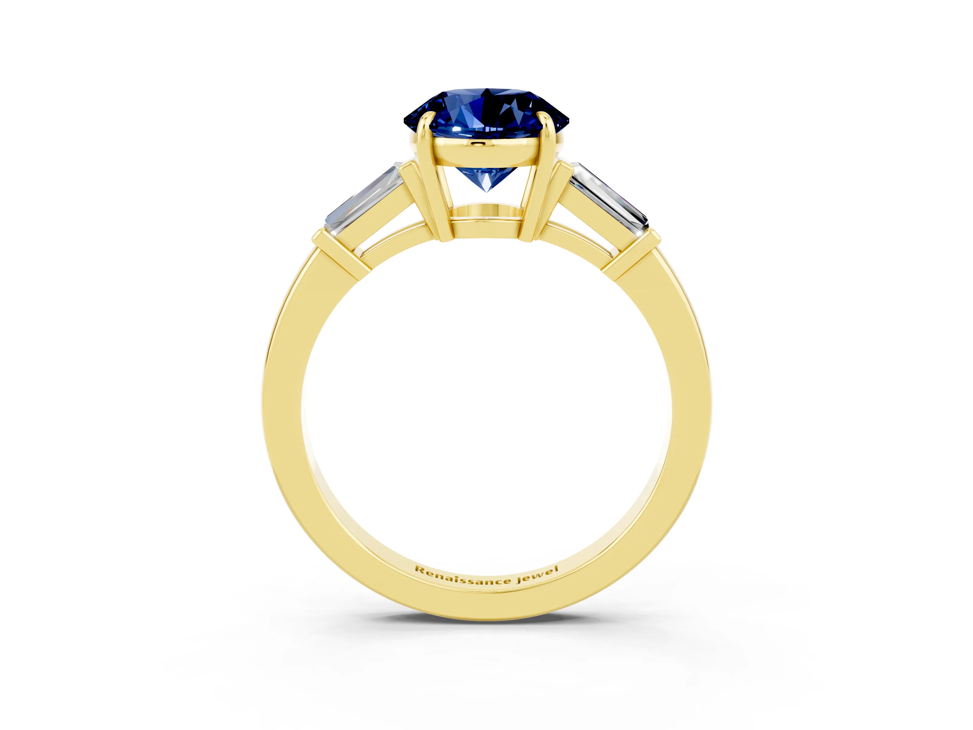 Yellow gold Round Cut Cut Diamond Ring with Tapered Baguette Side Stones in Four-Prong Setting_3