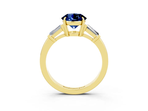 Yellow gold Round Cut Cut Diamond Ring with Tapered Baguette Side Stones in Four-Prong Setting_3