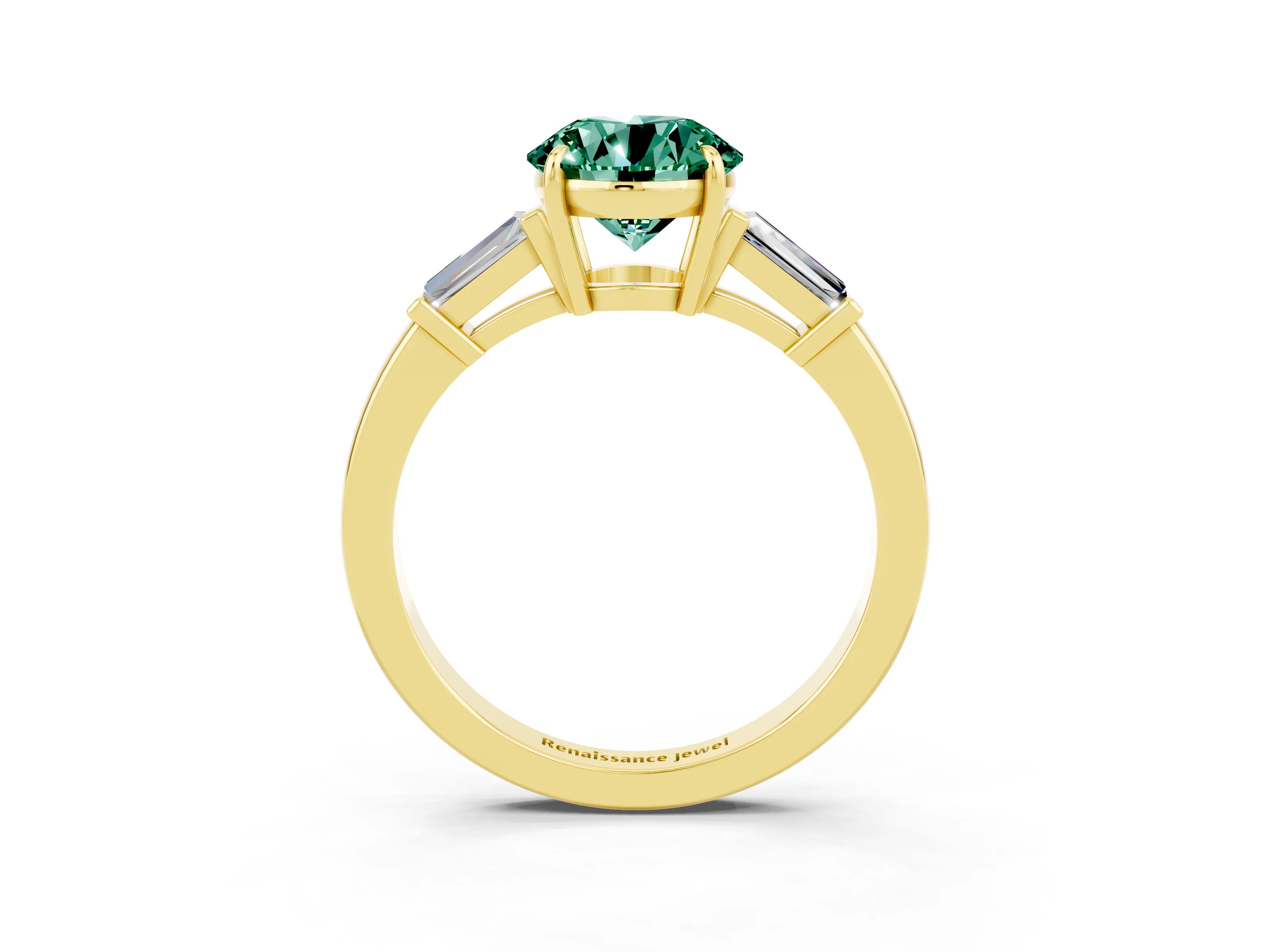 Yellow gold Round Cut Cut Diamond Ring with Tapered Baguette Side Stones in Four-Prong Setting_3
