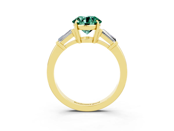 Yellow gold Round Cut Green Sapphire Three-Stone Ring with Tapered Baguette Side Stones and Prong Setting