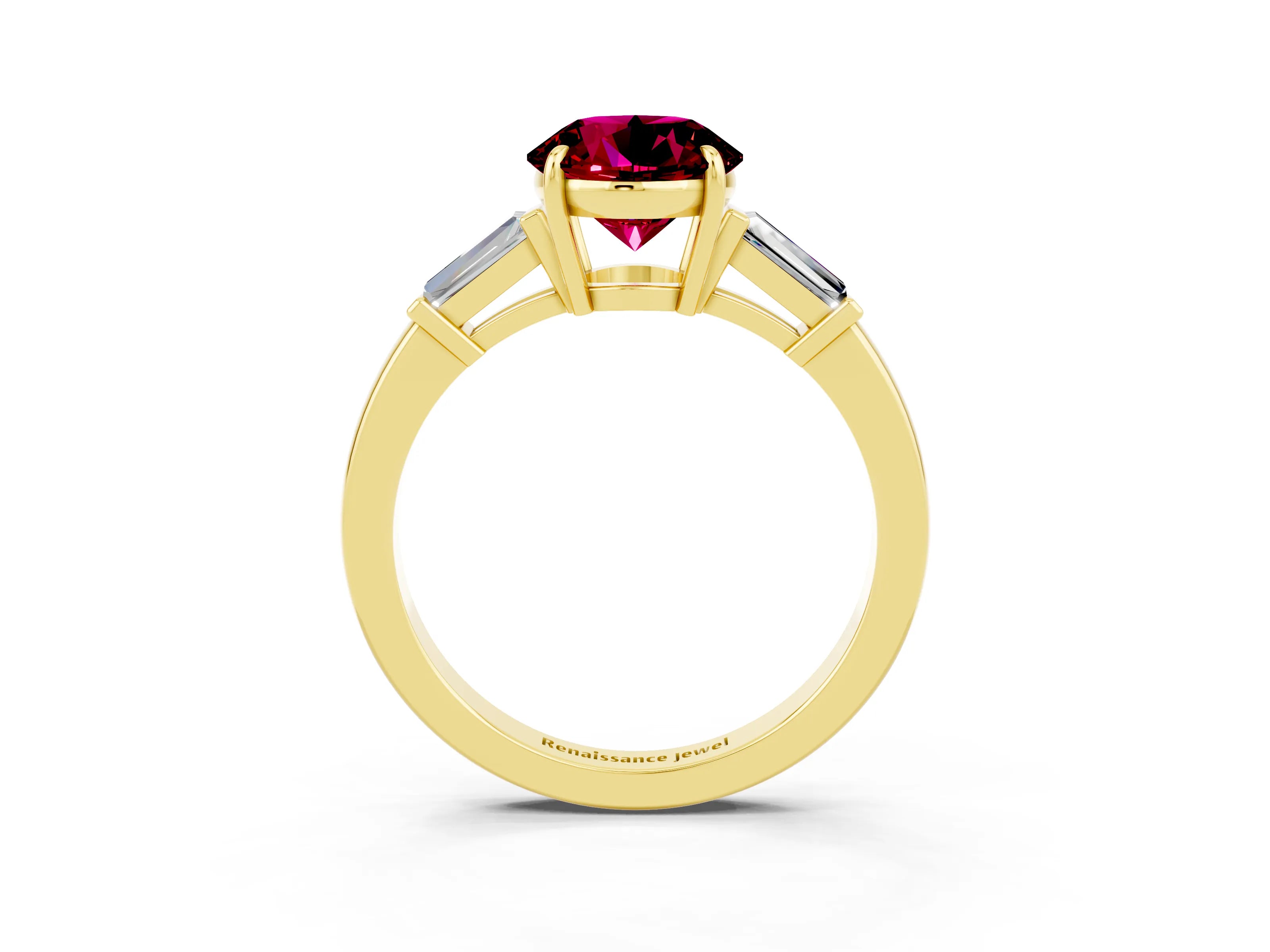 Yellow gold Round Cut Cut Diamond Ring with Tapered Baguette Side Stones in Four-Prong Setting_3