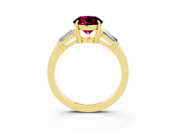 Yellow gold Round Cut Garnet Three-Stone Ring with Tapered Baguette Side Stones and Prong Setting