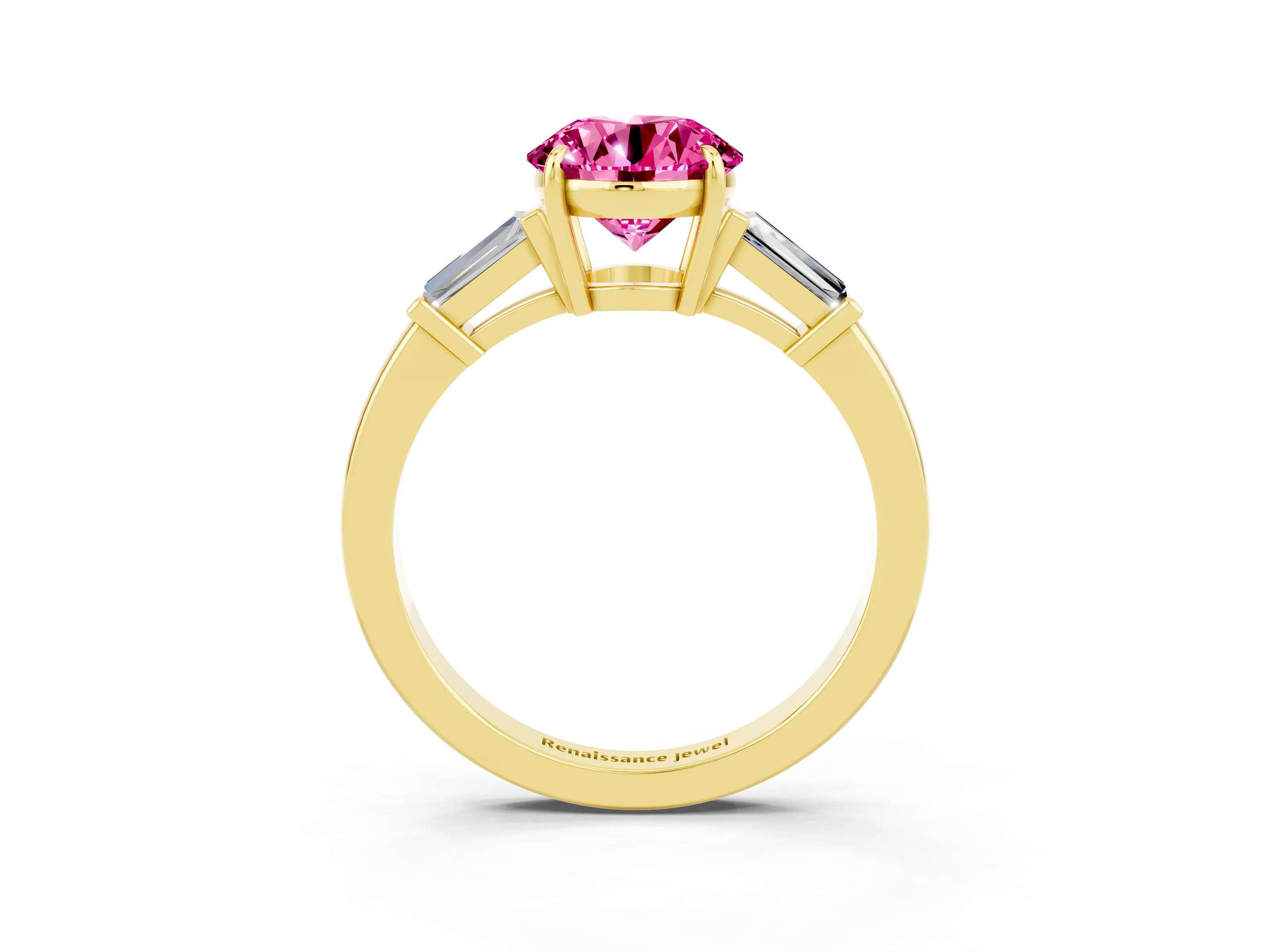 Yellow gold Round Cut Cut Diamond Ring with Tapered Baguette Side Stones in Four-Prong Setting_3