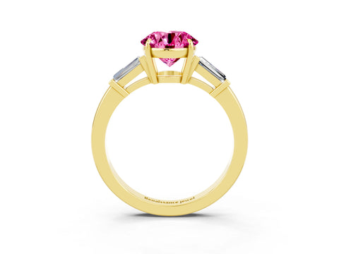 Yellow gold Round Cut Cut Diamond Ring with Tapered Baguette Side Stones in Four-Prong Setting_3