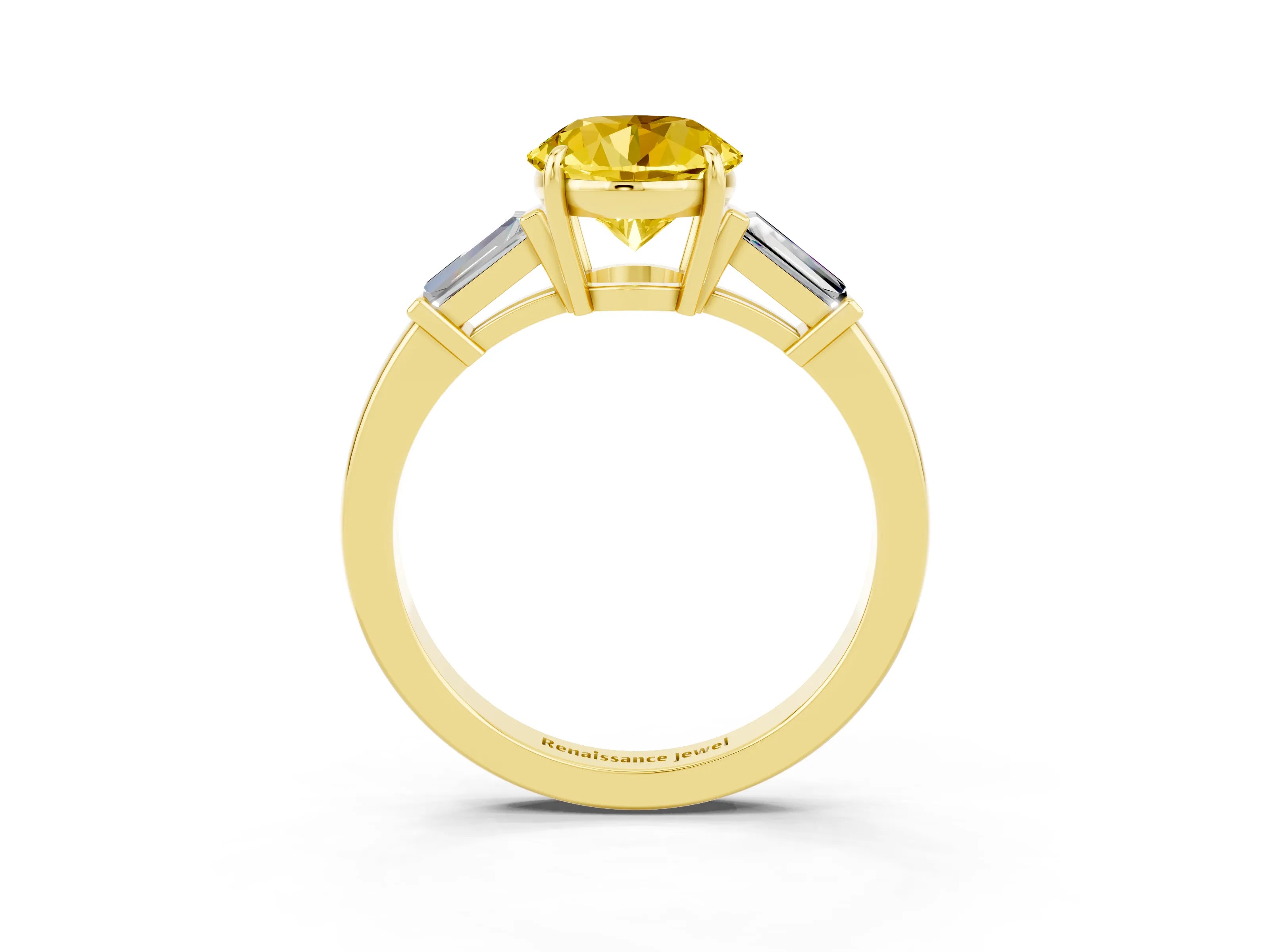 Yellow gold Round Cut Cut Diamond Ring with Tapered Baguette Side Stones in Four-Prong Setting_3