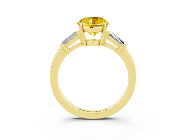 Yellow gold Round Cut Yellow Sapphire Three-Stone Ring with Tapered Baguette Side Stones and Prong Setting