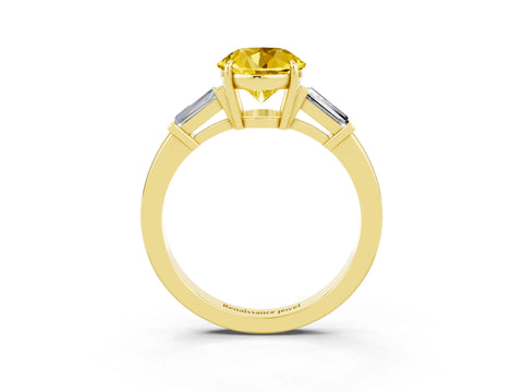 Yellow gold Round Cut Cut Diamond Ring with Tapered Baguette Side Stones in Four-Prong Setting_3