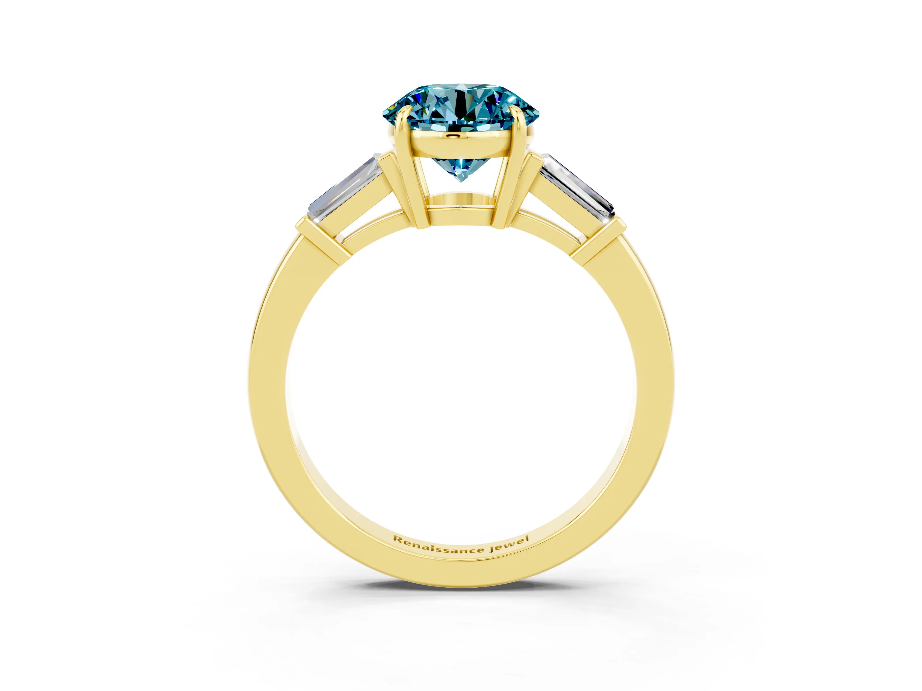 Yellow gold Round Cut Cut Diamond Ring with Tapered Baguette Side Stones in Four-Prong Setting_3