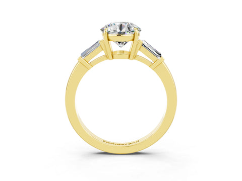 Yellow gold Round Cut Cut Diamond Ring with Tapered Baguette Side Stones in Four-Prong Setting_3