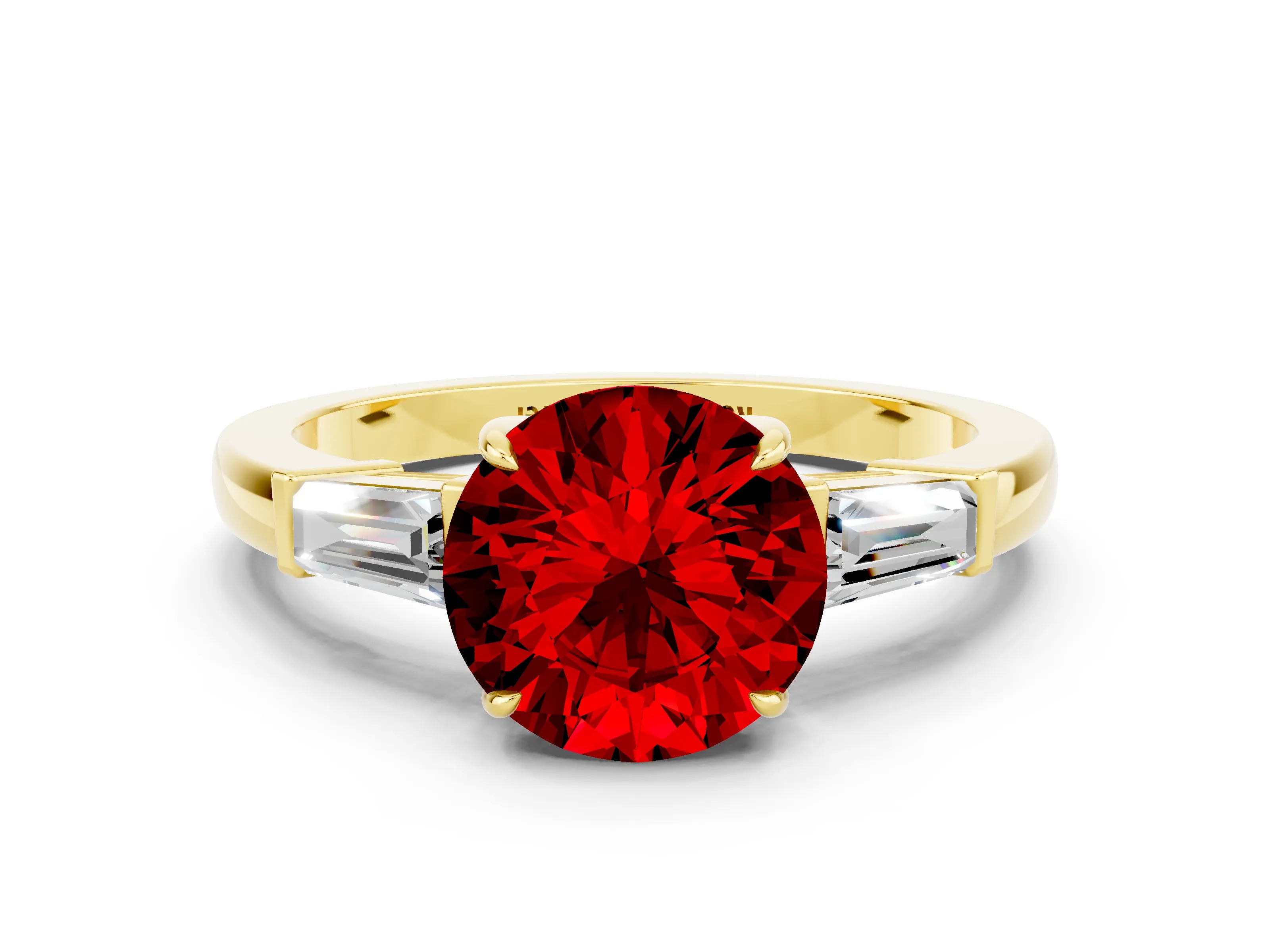 Yellow gold Round Cut Cut Diamond Ring with Tapered Baguette Side Stones in Four-Prong Setting