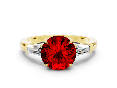 Yellow gold Round Cut Cut Diamond Ring with Tapered Baguette Side Stones in Four-Prong Setting
