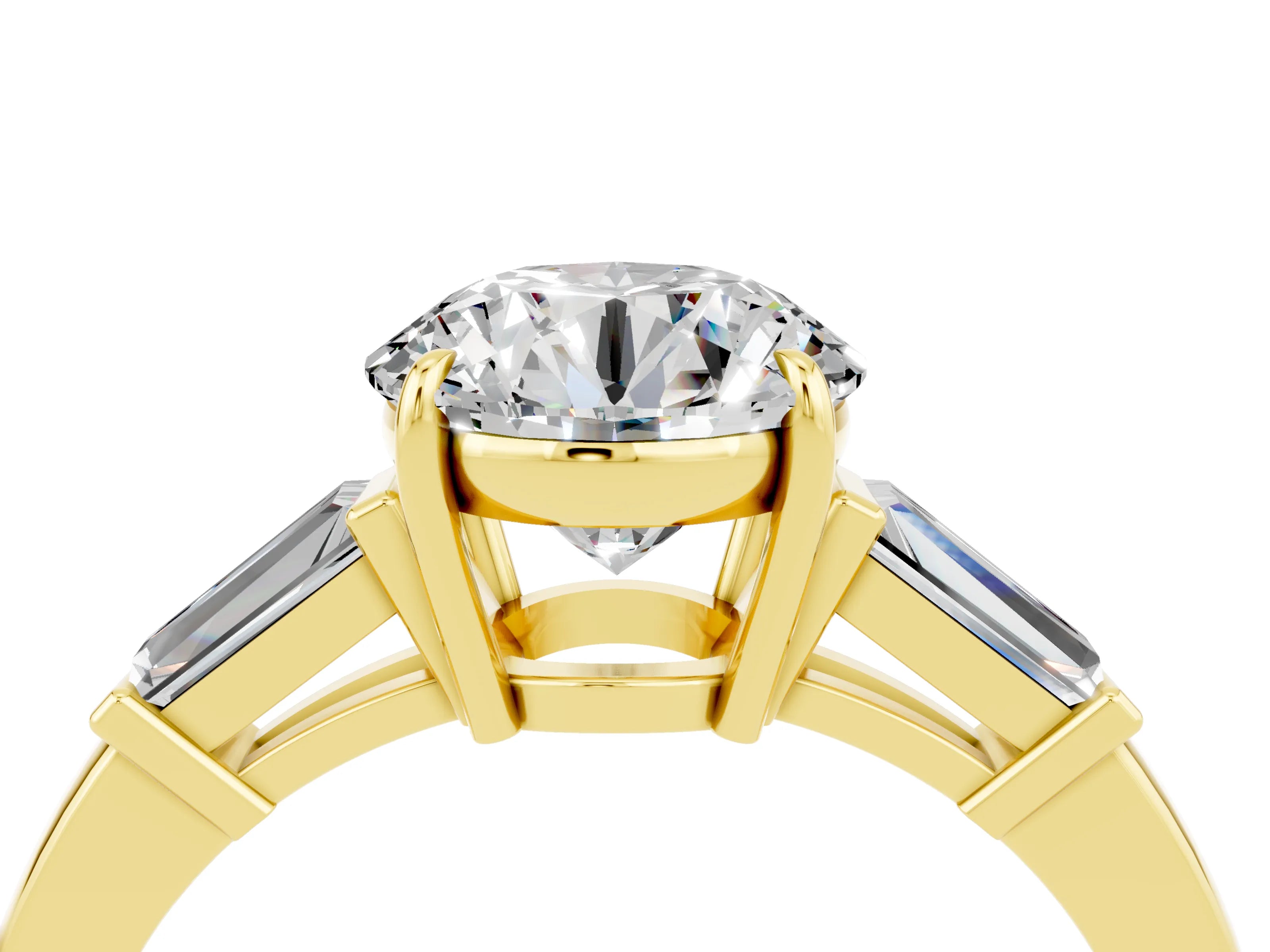 Yellow gold Round Cut Cut Diamond Ring with Tapered Baguette Side Stones in Four-Prong Setting_4