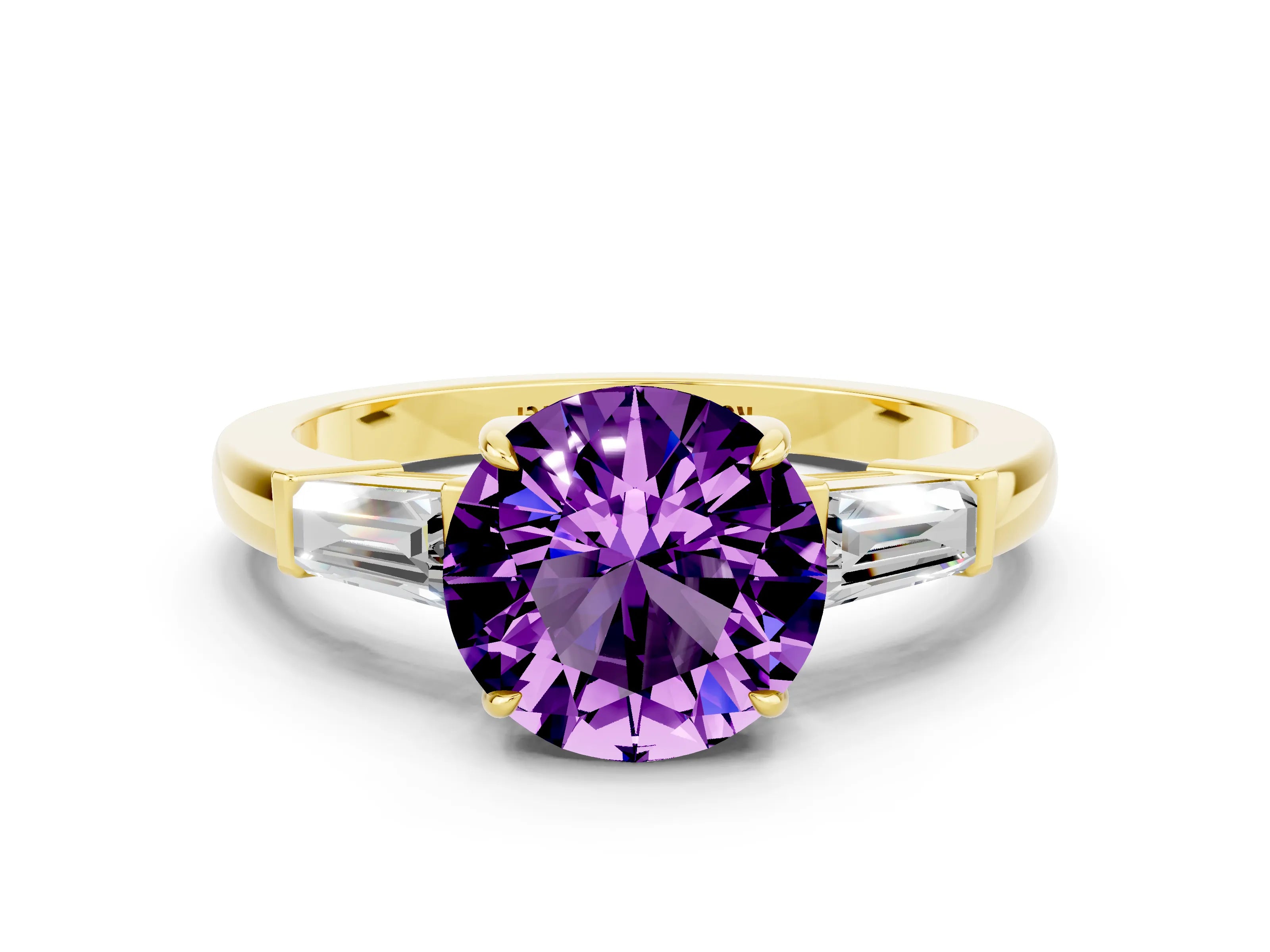 Yellow gold Round Cut Cut Diamond Ring with Tapered Baguette Side Stones in Four-Prong Setting