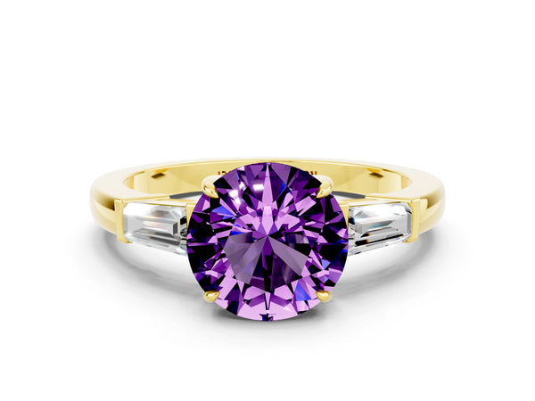 Yellow gold Round Cut Amethyst Three-Stone Ring with Tapered Baguette Side Stones and Prong Setting