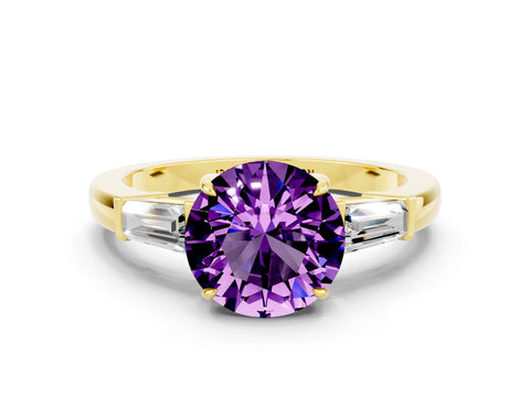 Yellow gold Round Cut Cut Diamond Ring with Tapered Baguette Side Stones in Four-Prong Setting