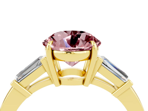 Yellow gold Round Cut Cut Diamond Ring with Tapered Baguette Side Stones in Four-Prong Setting_4