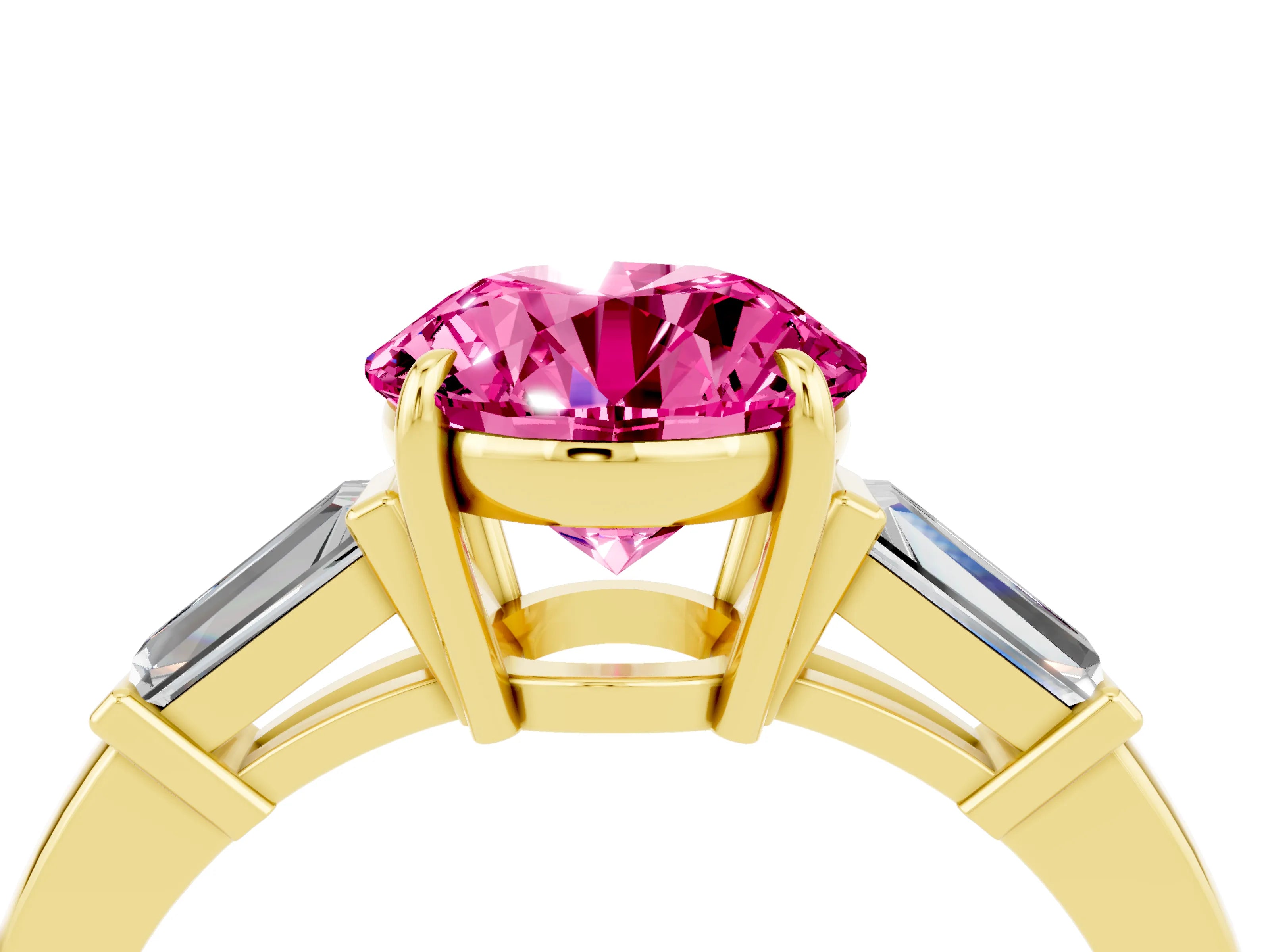 Yellow gold Round Cut Cut Diamond Ring with Tapered Baguette Side Stones in Four-Prong Setting_4