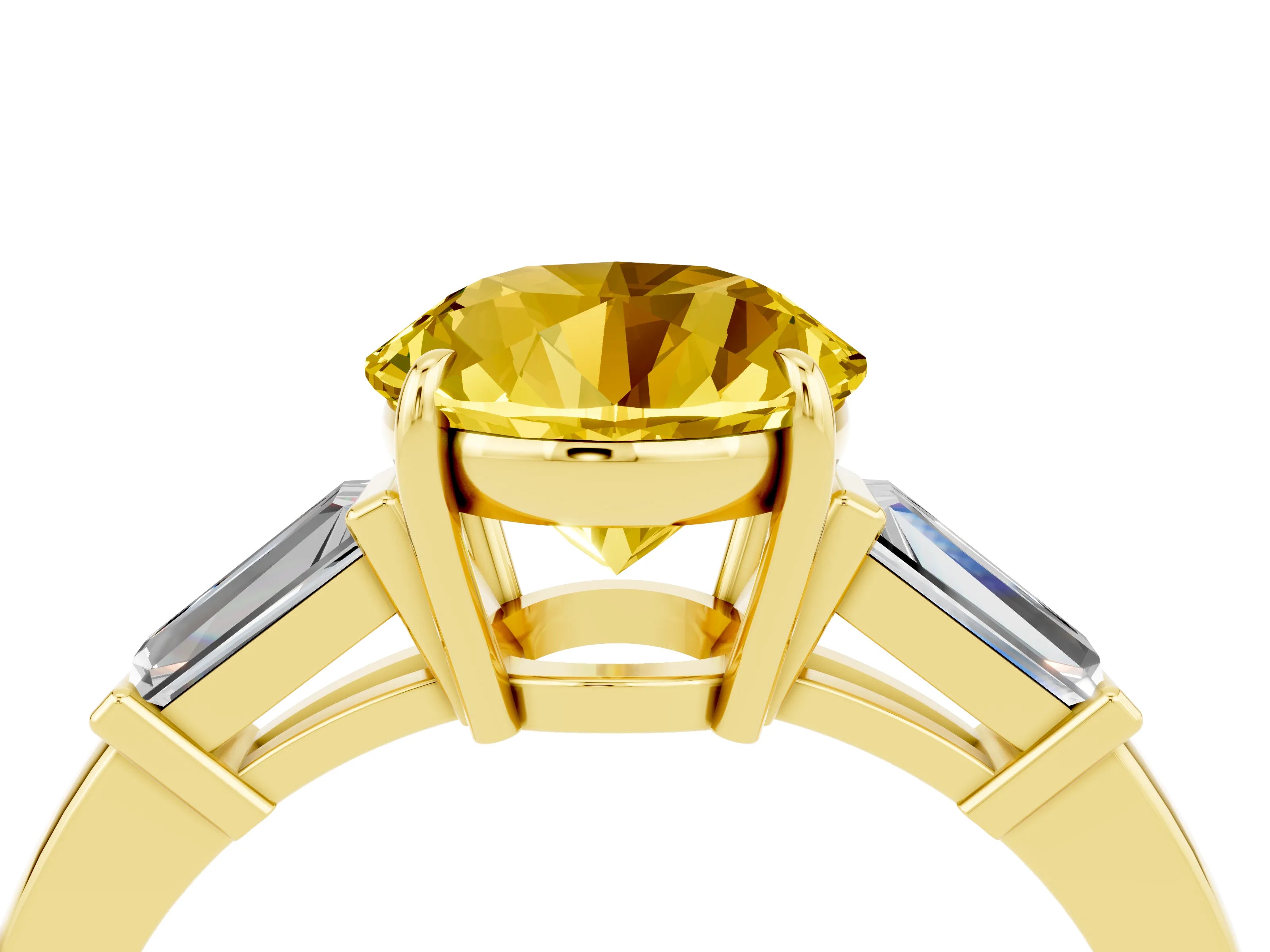 Yellow gold Round Cut Cut Diamond Ring with Tapered Baguette Side Stones in Four-Prong Setting_4