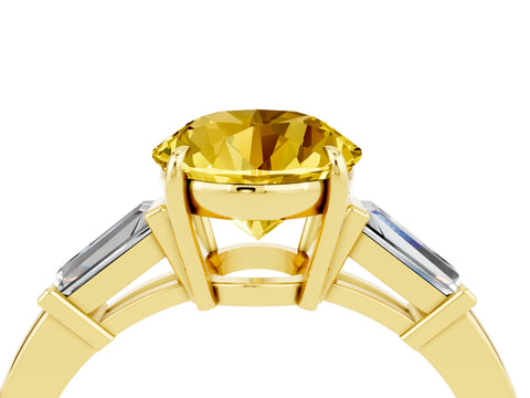 Yellow gold Round Cut Cut Diamond Ring with Tapered Baguette Side Stones in Four-Prong Setting_4