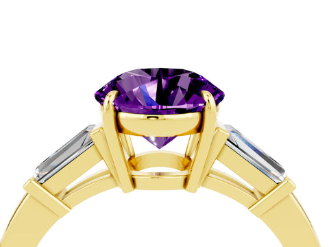 Yellow gold Round Cut Cut Diamond Ring with Tapered Baguette Side Stones in Four-Prong Setting_4