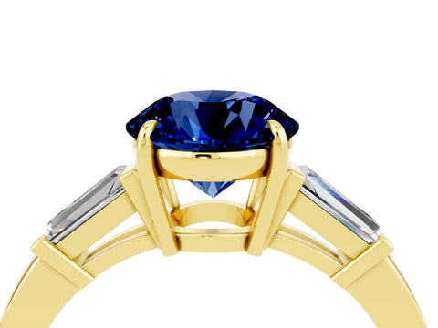 Yellow gold Round Cut Cut Diamond Ring with Tapered Baguette Side Stones in Four-Prong Setting_4