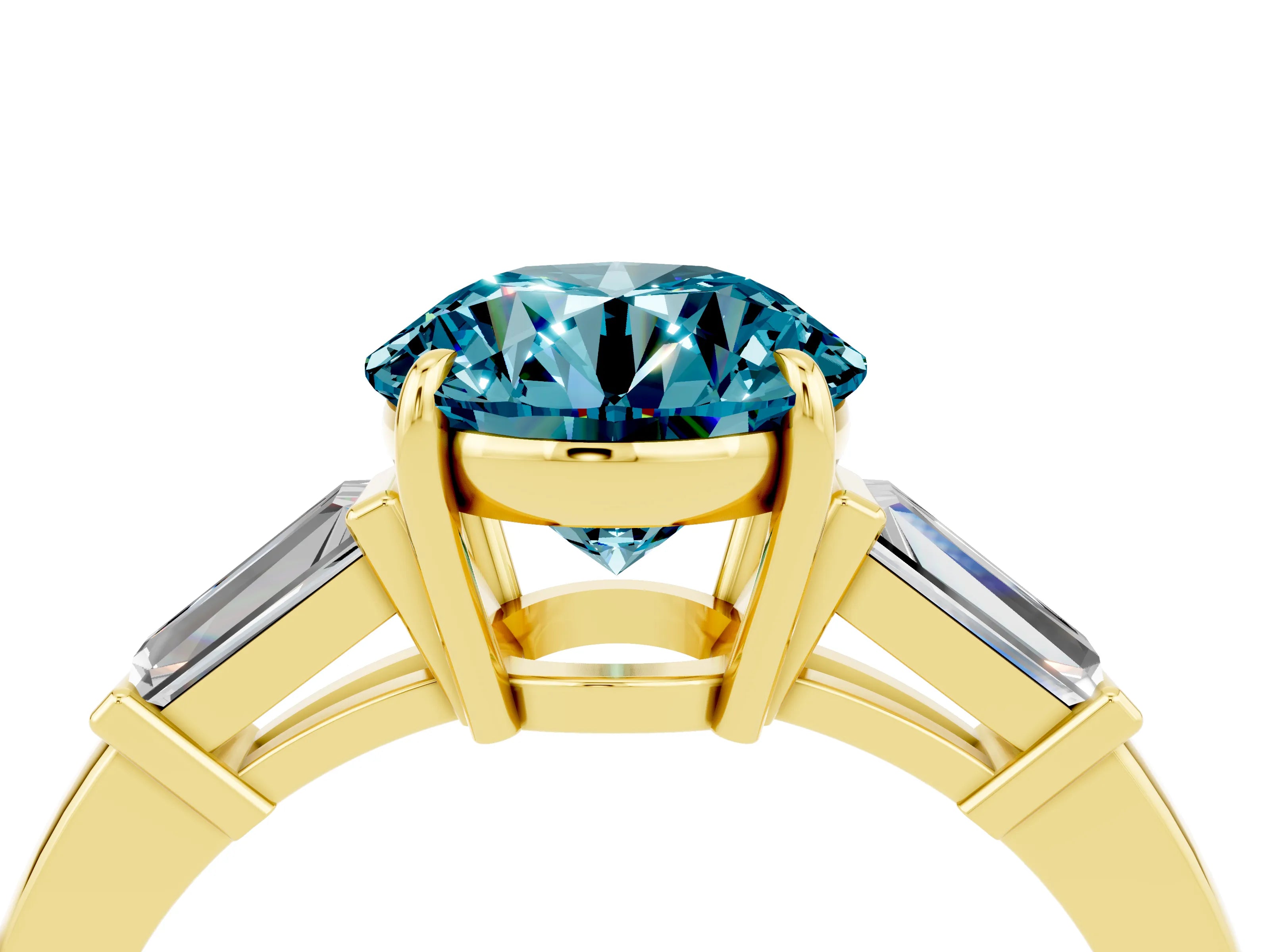 Yellow gold Round Cut Cut Diamond Ring with Tapered Baguette Side Stones in Four-Prong Setting_4