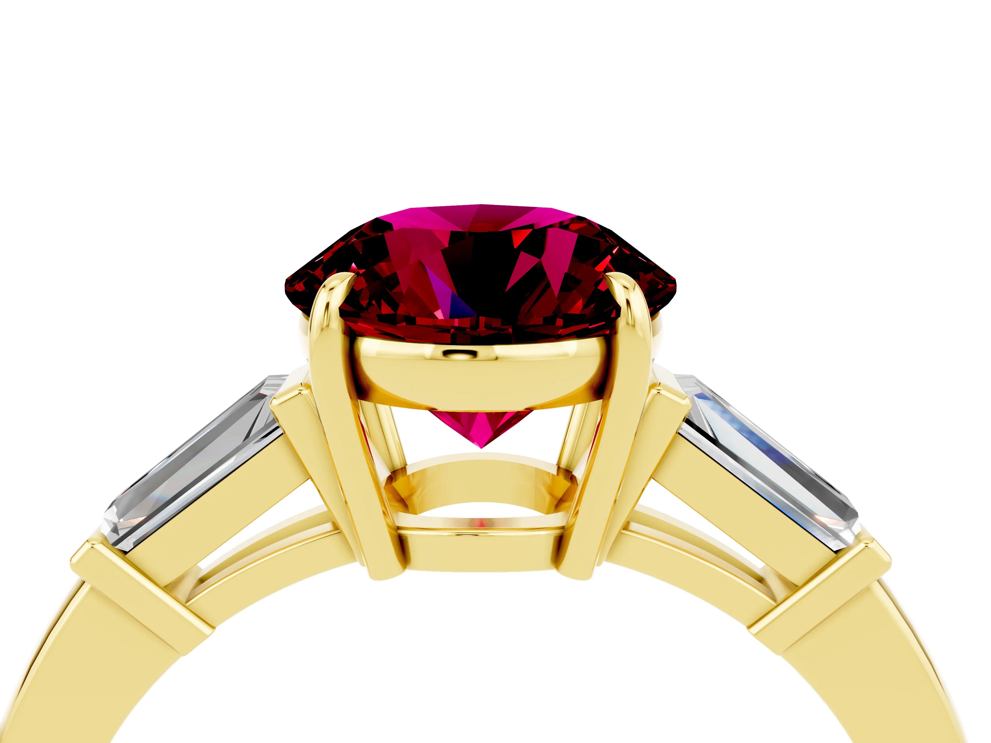 Yellow gold Round Cut Cut Diamond Ring with Tapered Baguette Side Stones in Four-Prong Setting_4
