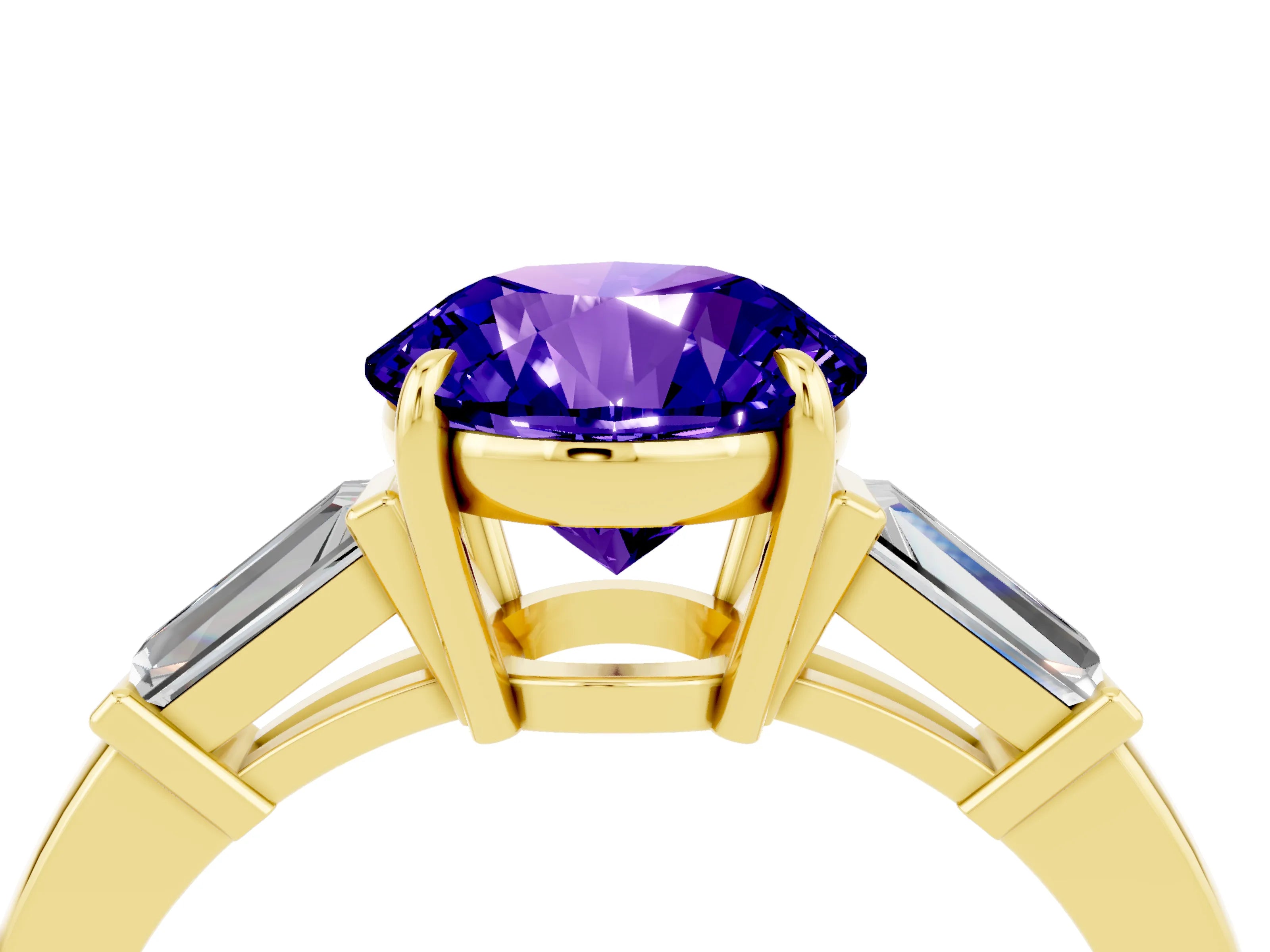 Yellow gold Round Cut Cut Diamond Ring with Tapered Baguette Side Stones in Four-Prong Setting_4