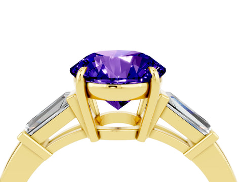Yellow gold Round Cut Cut Diamond Ring with Tapered Baguette Side Stones in Four-Prong Setting_4
