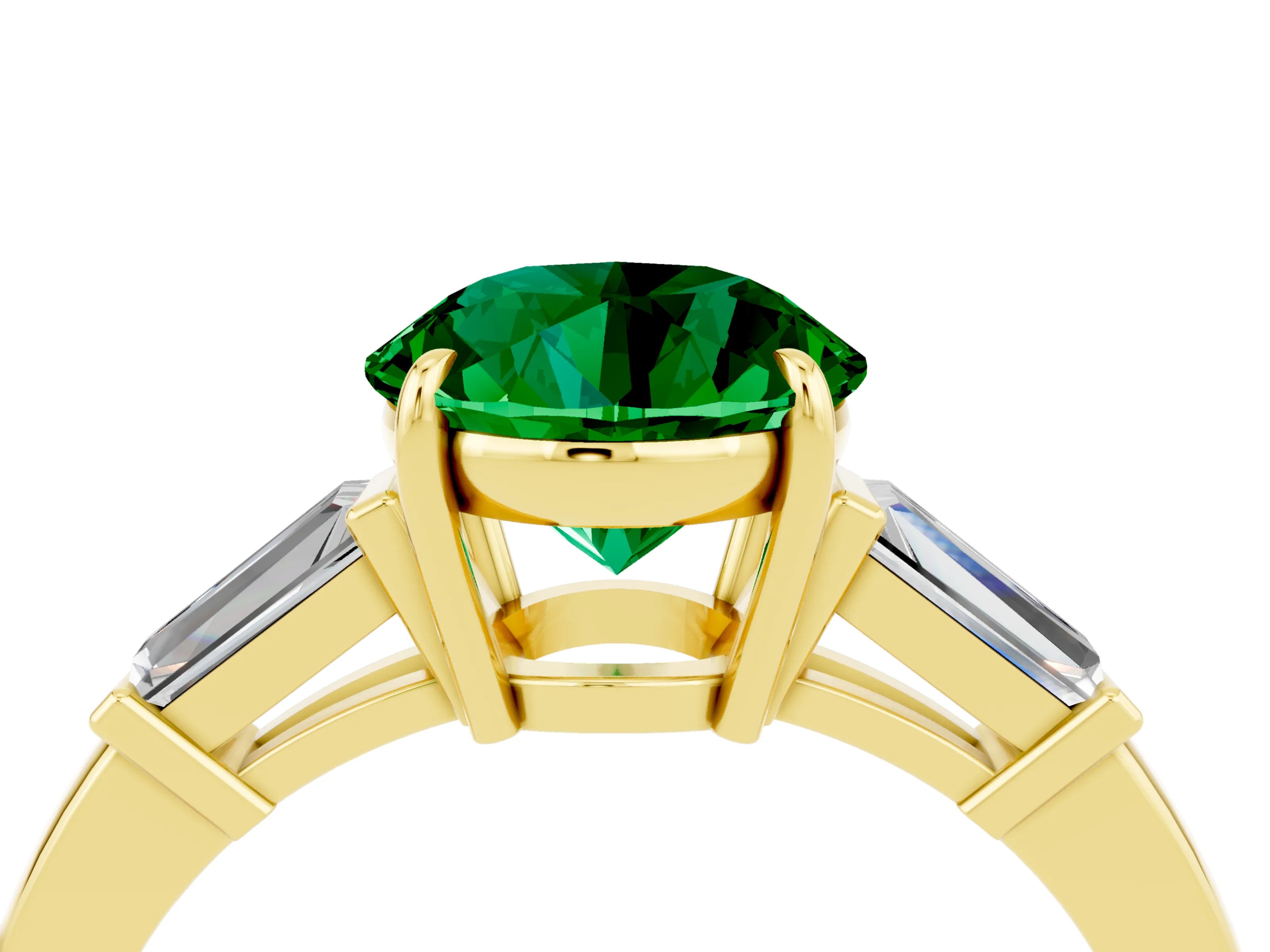 Yellow gold Round Cut Cut Diamond Ring with Tapered Baguette Side Stones in Four-Prong Setting_4