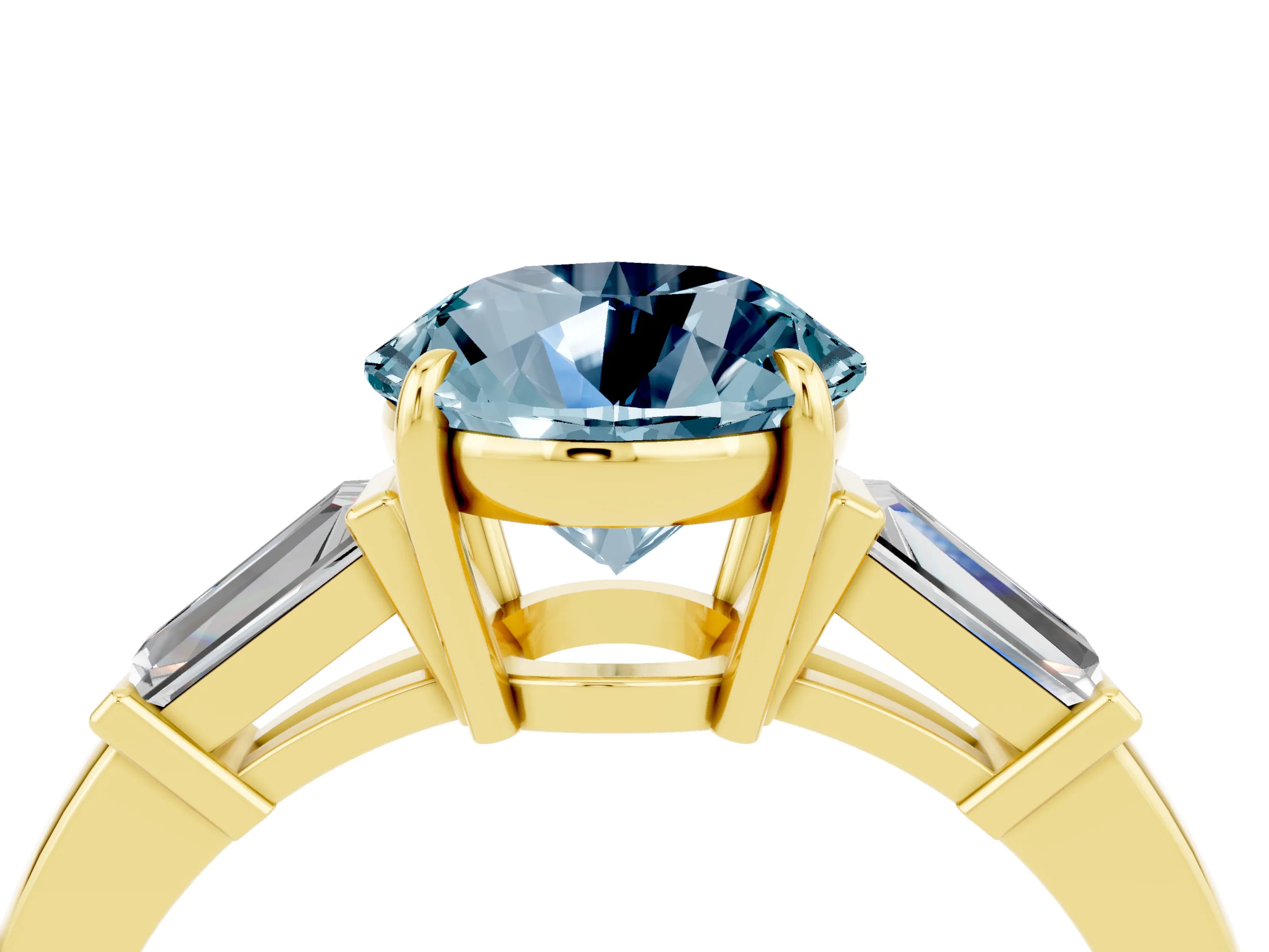 Yellow gold Round Cut Cut Diamond Ring with Tapered Baguette Side Stones in Four-Prong Setting_4