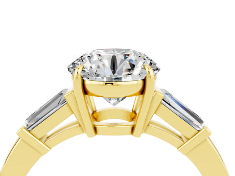 Yellow gold Round Cut Cut Diamond Ring with Tapered Baguette Side Stones in Four-Prong Setting_4