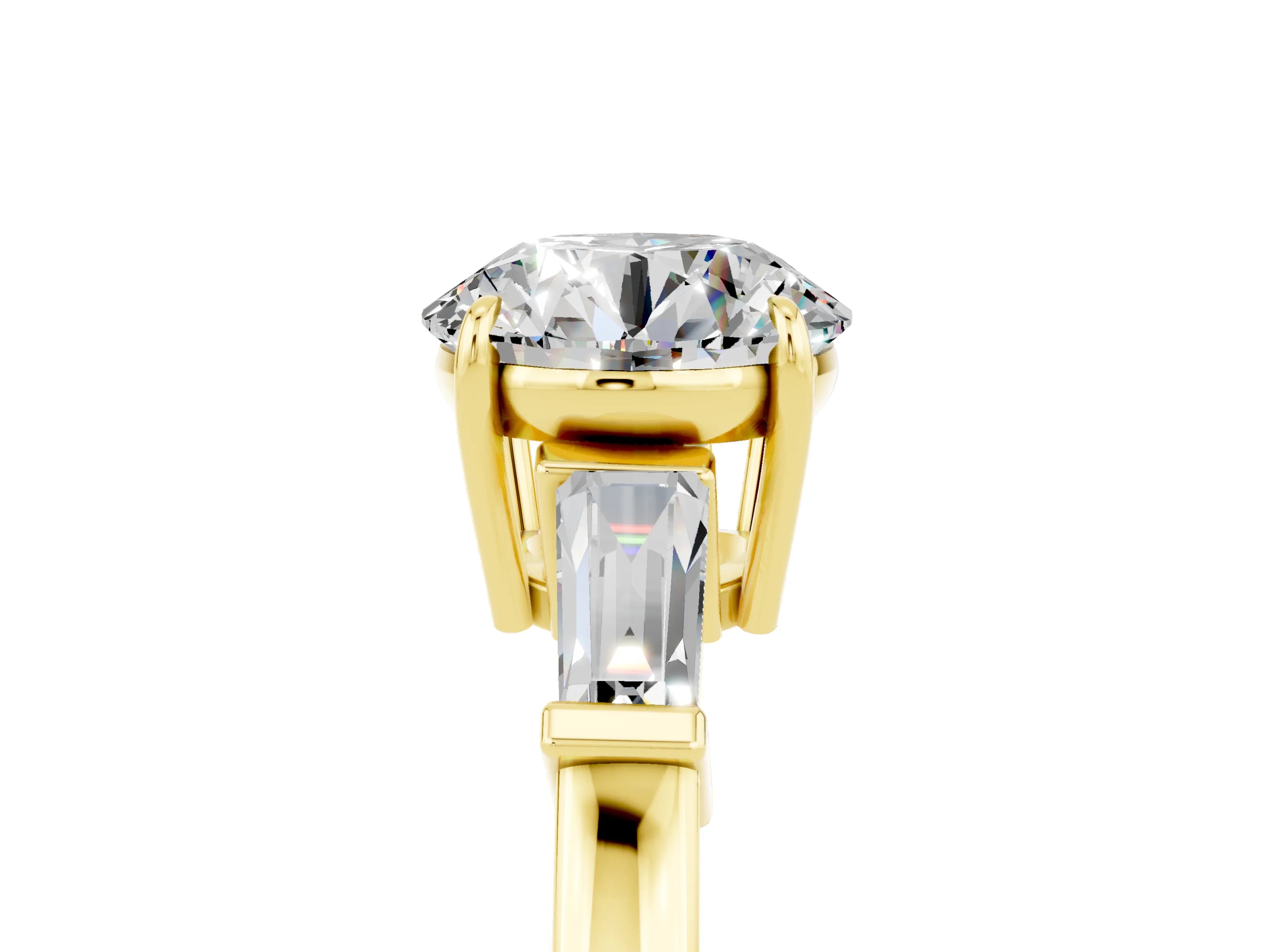 Yellow gold Round Cut Cut Diamond Ring with Tapered Baguette Side Stones in Four-Prong Setting_5