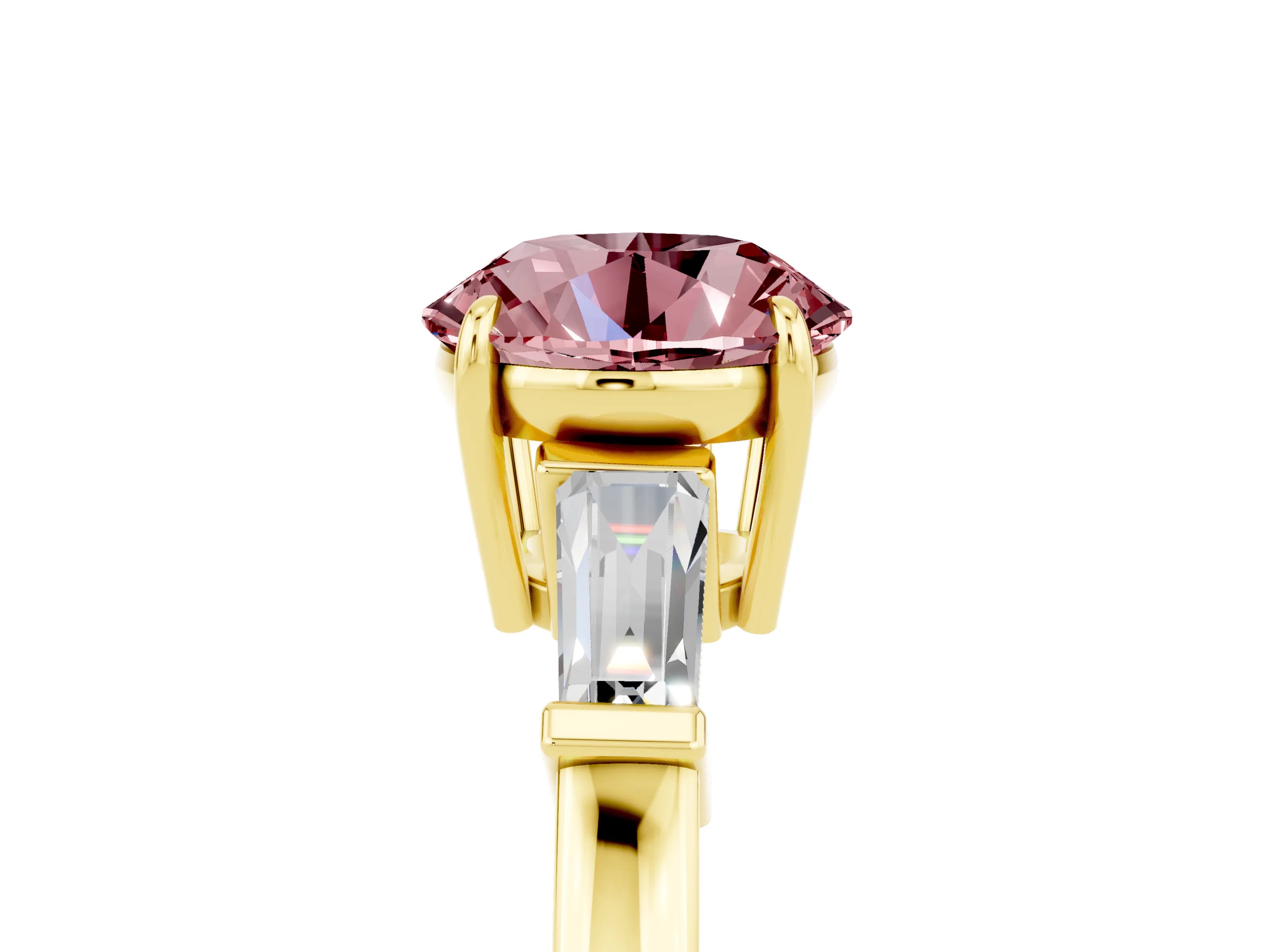 Yellow gold Round Cut Cut Diamond Ring with Tapered Baguette Side Stones in Four-Prong Setting_5