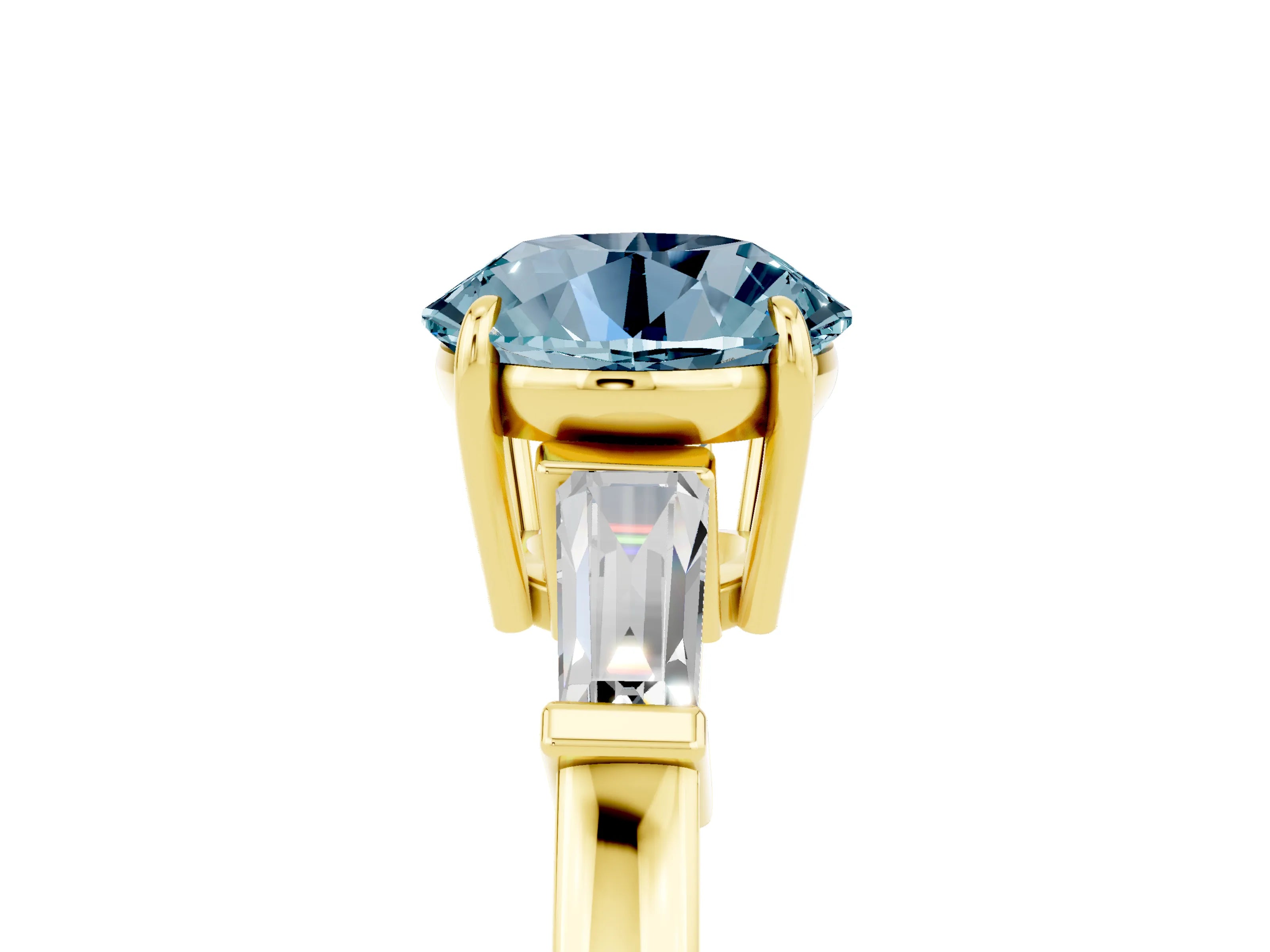 Yellow gold Round Cut Cut Diamond Ring with Tapered Baguette Side Stones in Four-Prong Setting_5