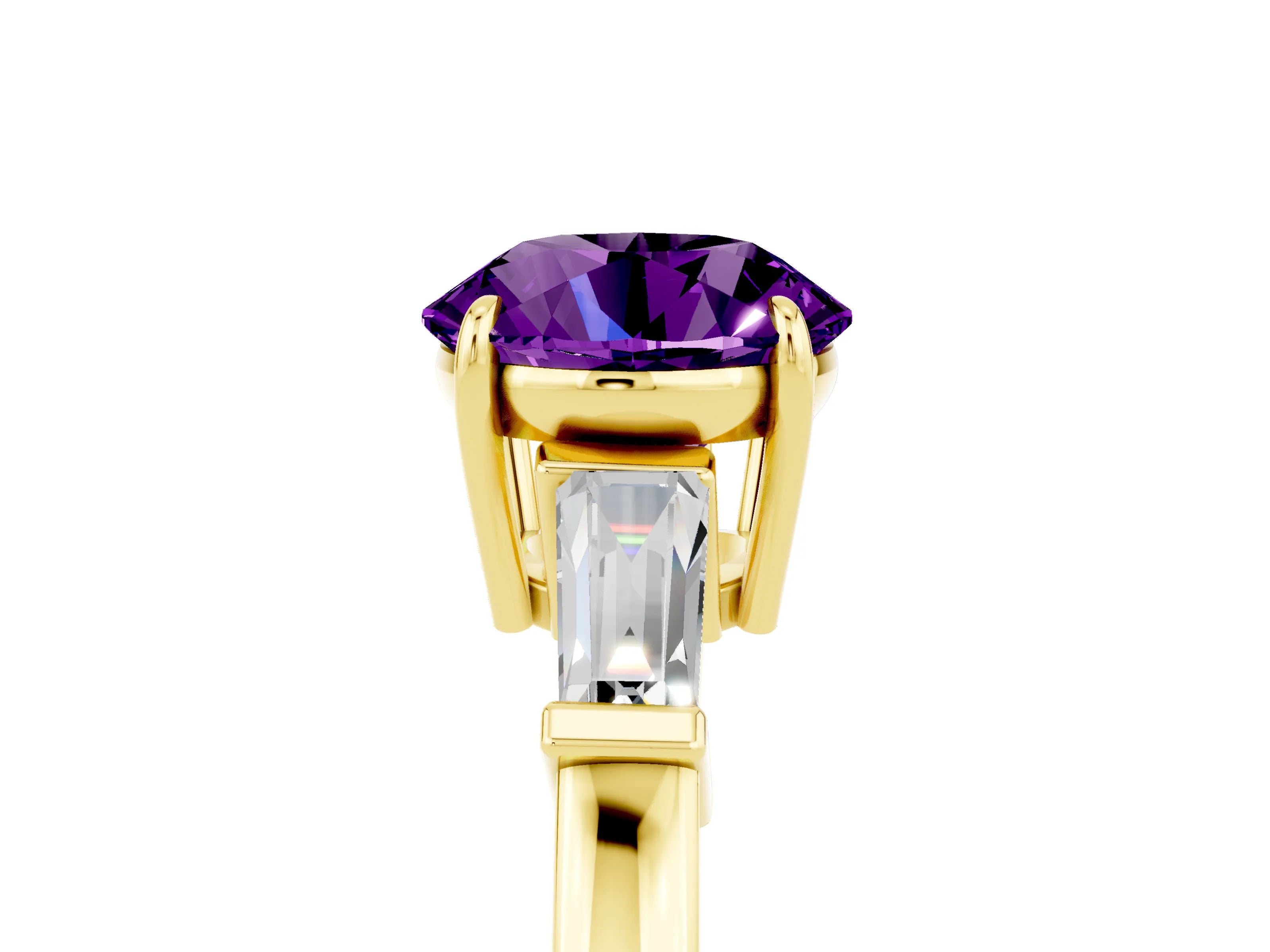 Yellow gold Round Cut Cut Diamond Ring with Tapered Baguette Side Stones in Four-Prong Setting_5