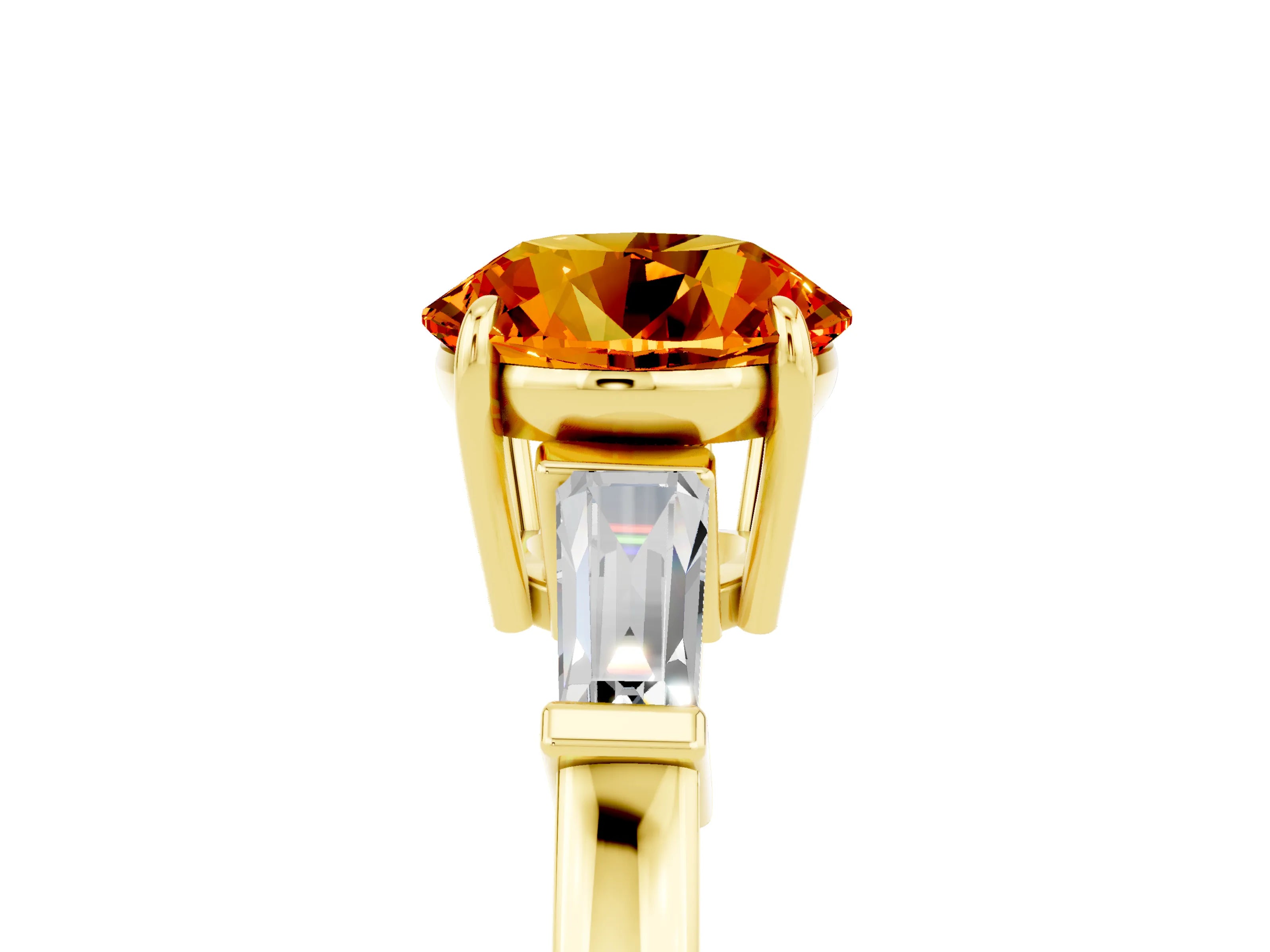 Yellow gold Round Cut Cut Diamond Ring with Tapered Baguette Side Stones in Four-Prong Setting_5