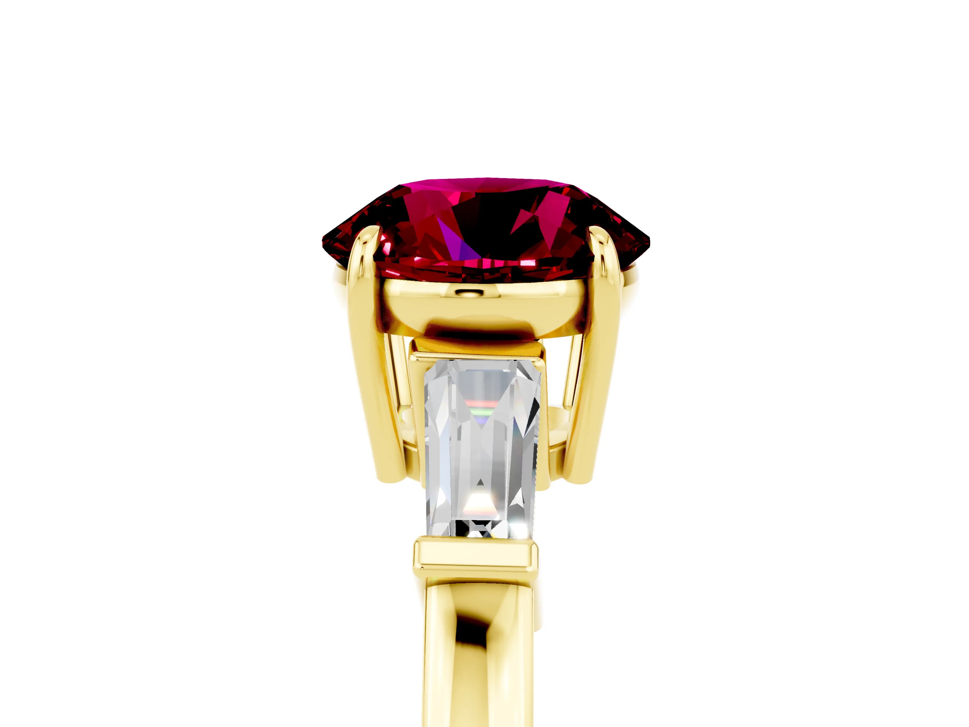 Yellow gold Round Cut Cut Diamond Ring with Tapered Baguette Side Stones in Four-Prong Setting_5
