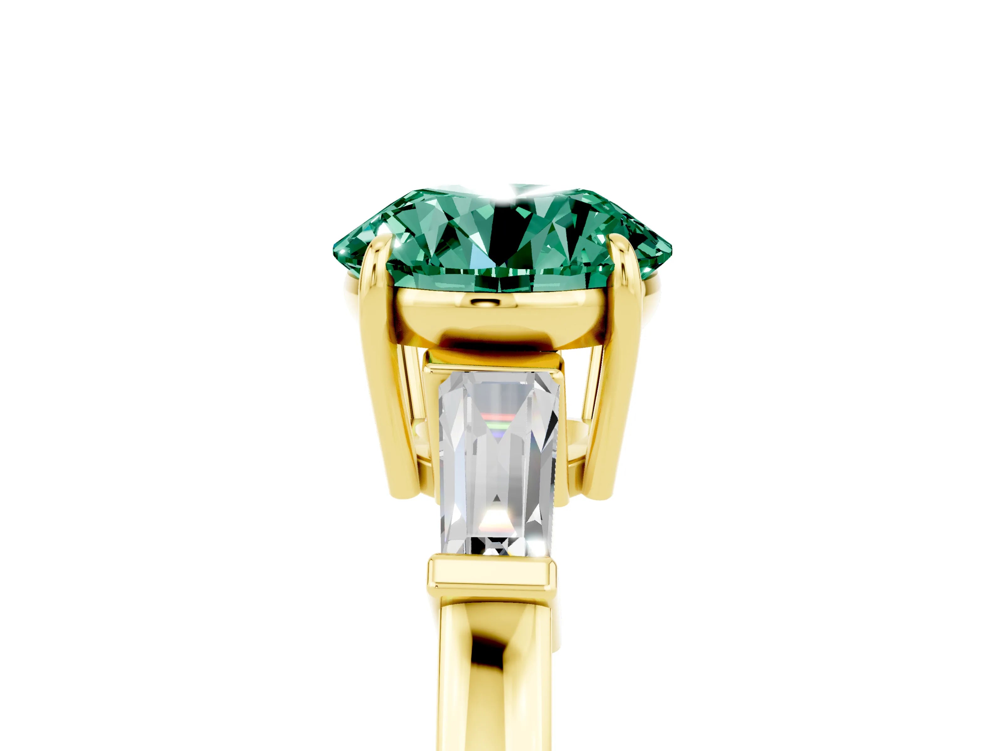 Yellow gold Round Cut Cut Diamond Ring with Tapered Baguette Side Stones in Four-Prong Setting_5