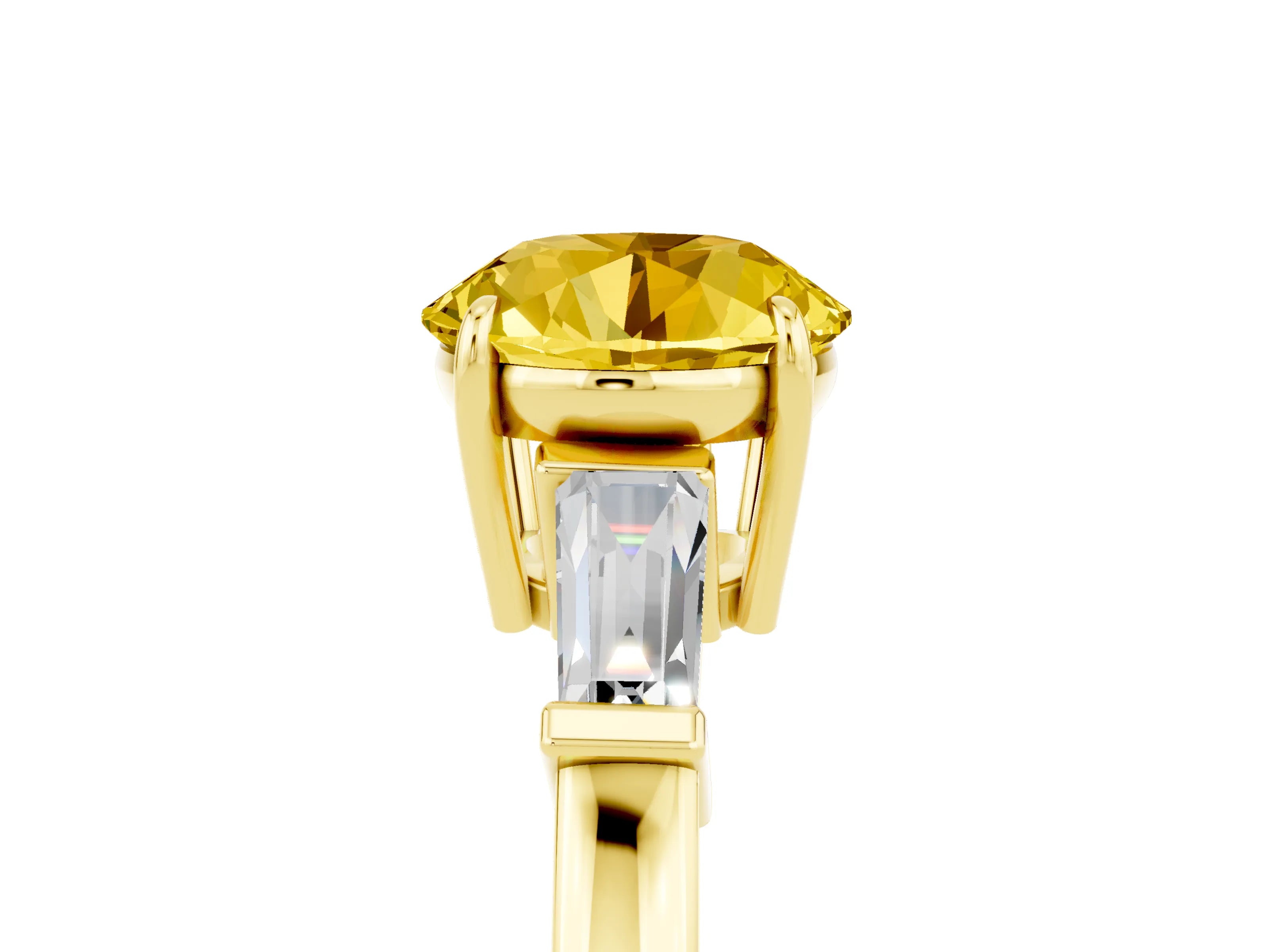 Yellow gold Round Cut Cut Diamond Ring with Tapered Baguette Side Stones in Four-Prong Setting_5
